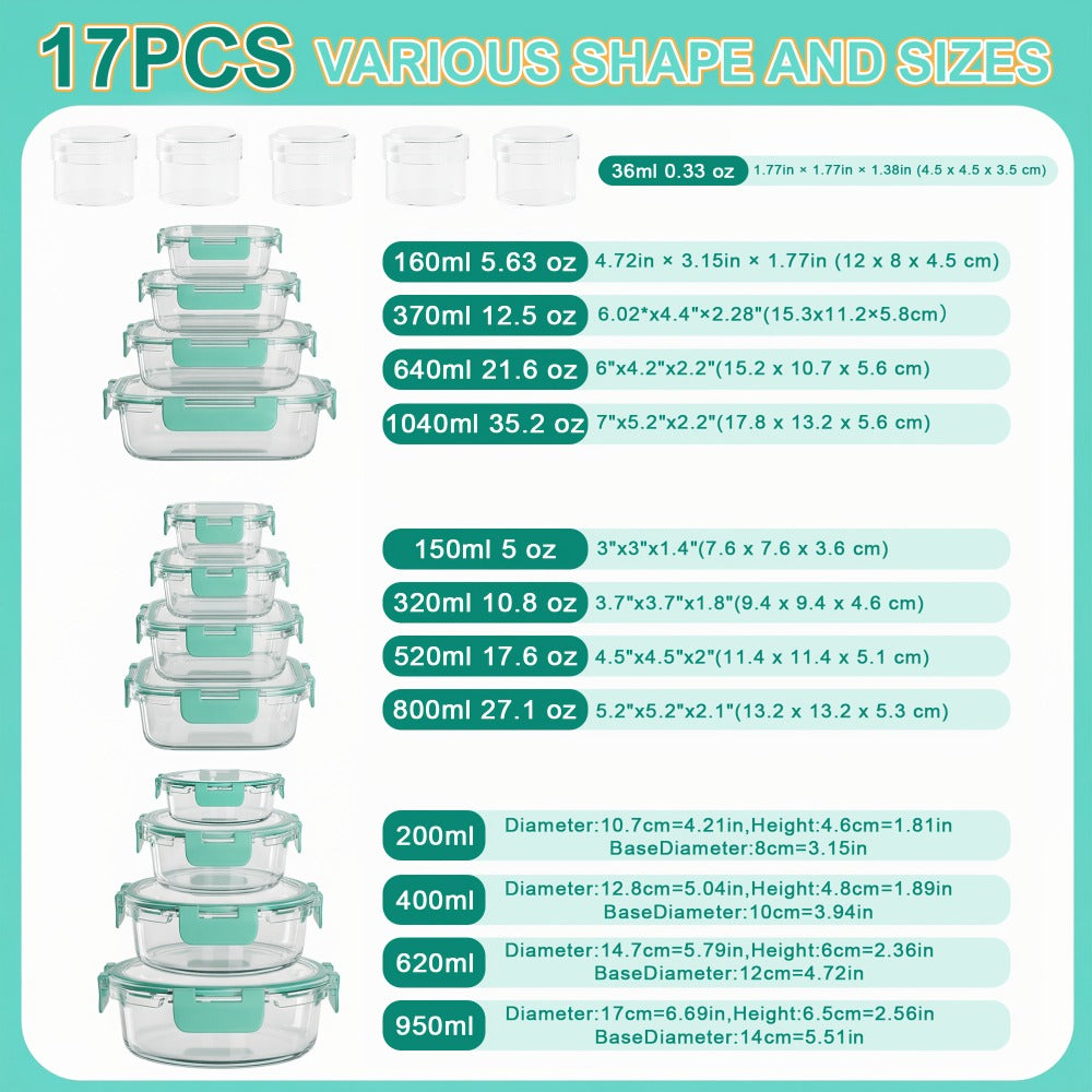 Borosilicate Glass Food Storage Containers Set ¨C 10/12/17pcs Airtight Meal Prep Bento Boxes with Locking Lids, BPA Free, Microwave & Dishwasher Safe, Leak Proof, Mixed Colors
