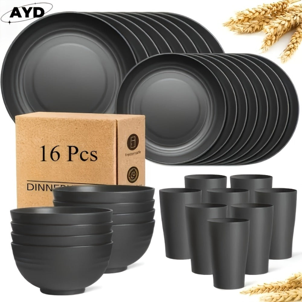 Wheat Straw Dinnerware Set Unbreakable 16 or 32-Piece Service for 4 or 8, Lightweight Dishwasher Microwave Safe Dish Set with Plates Bowls Cups, Modern Kitchen Tableware for Everyday Camping Outdoor Use