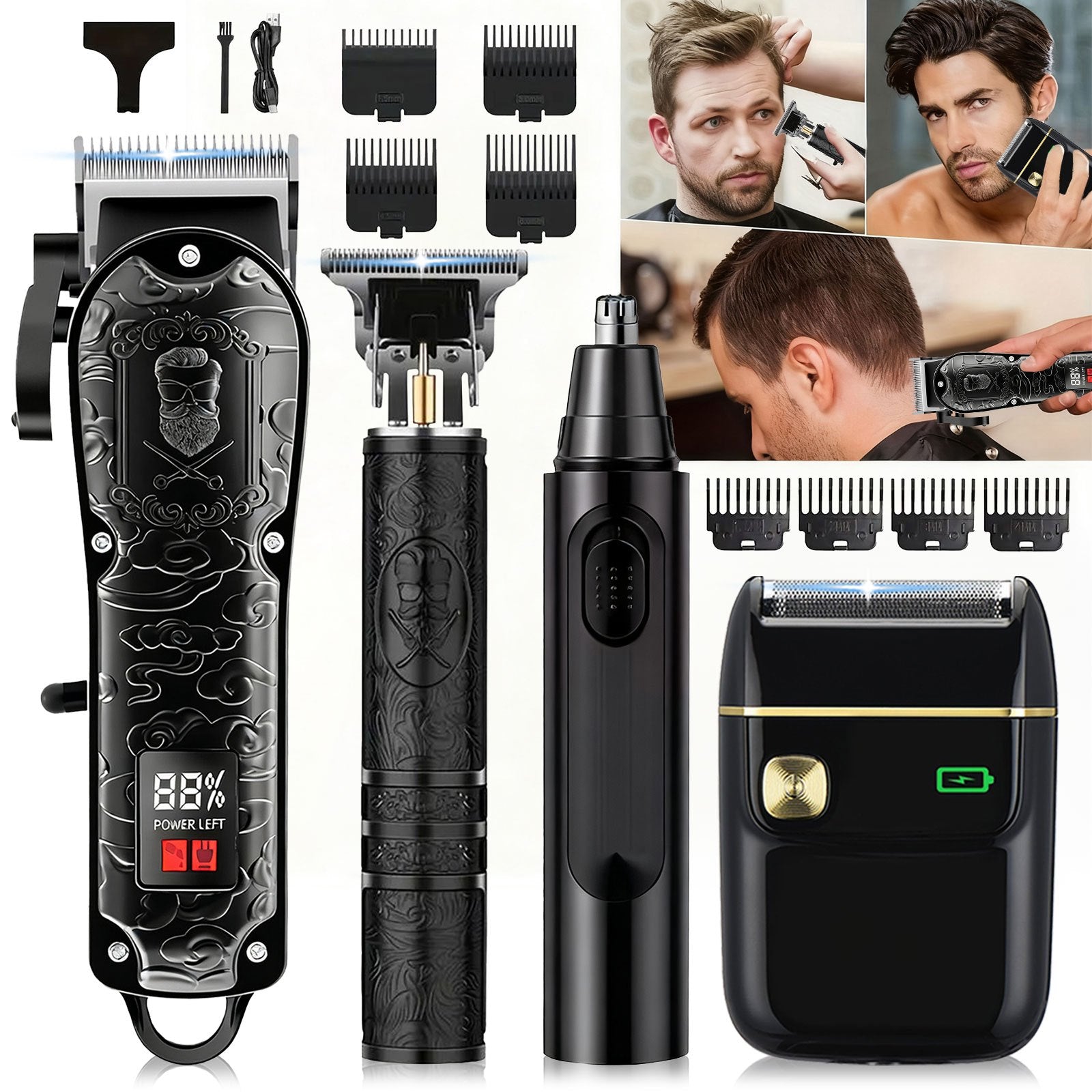 Men's Grooming Set USB Rechargeable Hair Clipper Electric Shaver Nose Ear Hair Trimmer with LCD Battery Display 2-Piece and 4-Piece Options Gift for Husband Boyfriend