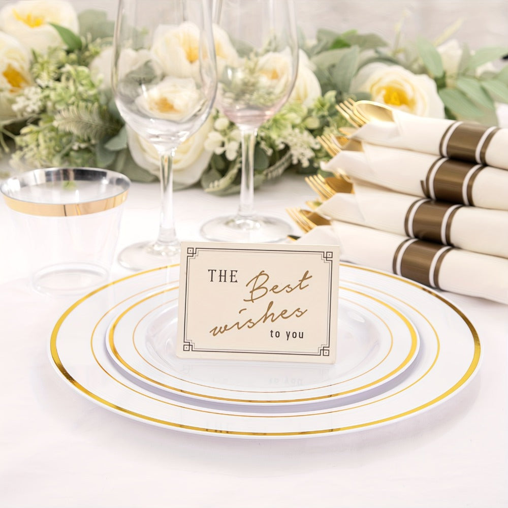 Gold Plastic Plates Disposable Dinnerware Set 350pcs ¨C 50 Dinner Plates, 50 Dessert Plates, 50 Gold Rim 9oz Cups & 50 Gold Cutlery Sets | Elegant Party Tableware for Wedding, Birthday & Holiday Events
