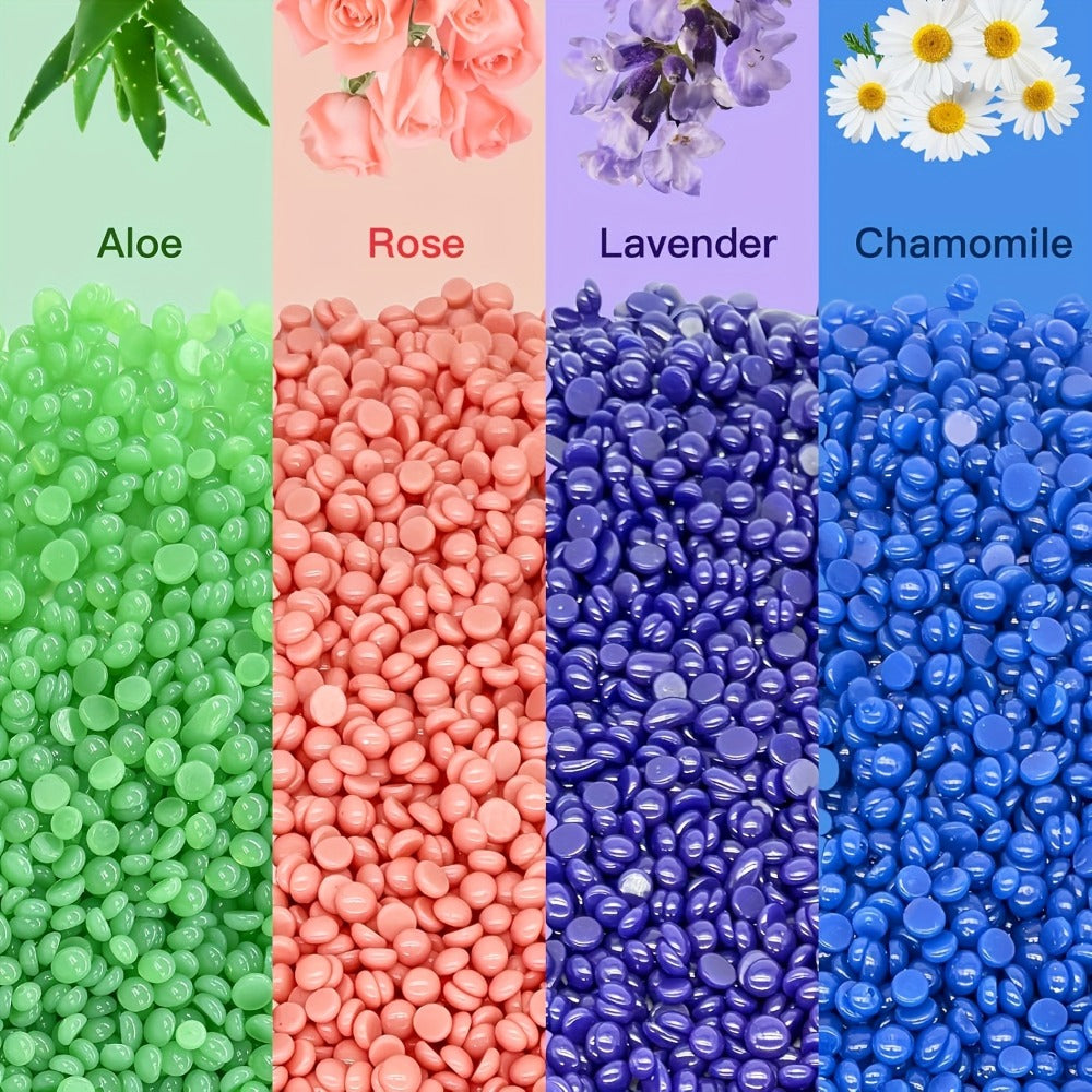 Hard Wax Beads for Hair Removal - 4 Colors Wax Beans with 20 Wood Sticks, Brazilian Bikini Wax Kit for Women & Men, Sensitive Skin, Full Body Legs Face Underarms, At-Home Waxing