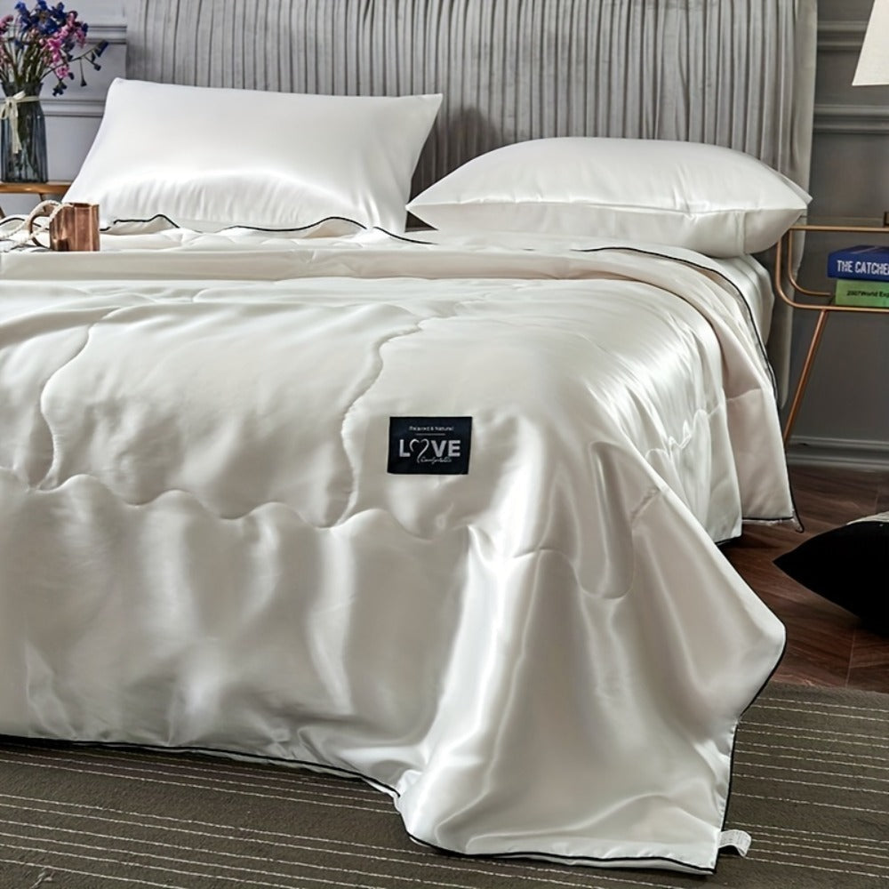 Cooling Satin Quilt Summer Comforter Ultra-Soft Breathable Lightweight Blanket, Machine Washable Satin Weave Bedspread for Home Dorm Hotel, Twin Full Size, White Silvery Grey Pink Lake Blue