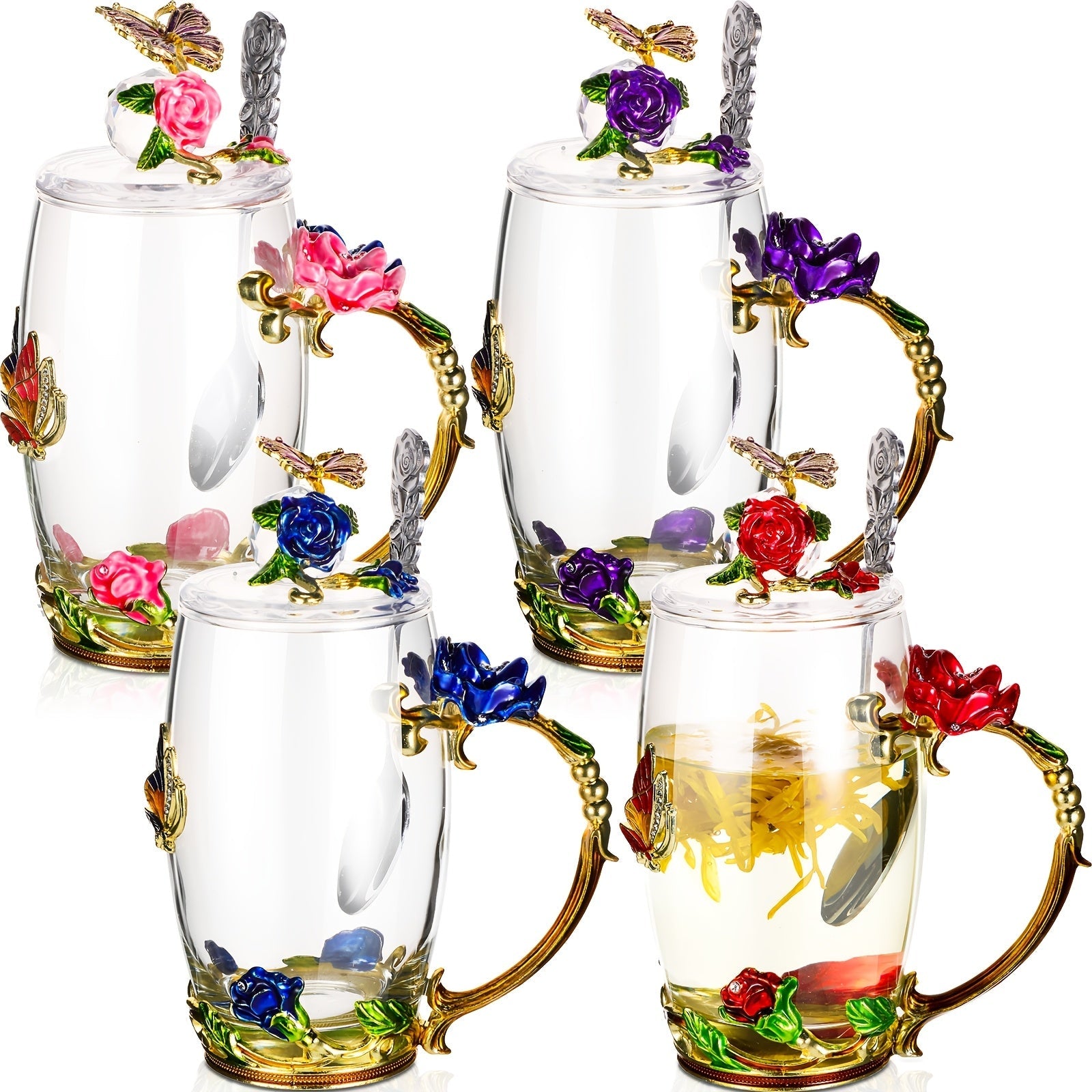 Flower Glass Tea Cups with Lids and Spoon 4 Sets Butterfly Vintage Floral Clear Glass Coffee Mugs 12oz Gift for Women Mom Wife Girlfriend Mother's Day Pink Purple Blue Red
