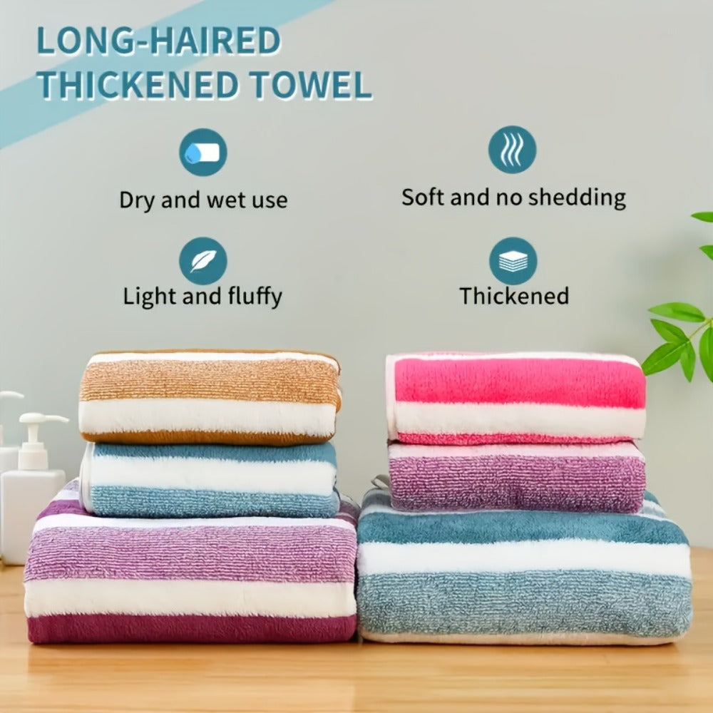 Coral Fleece Towel Set 9 or 15 Piece No Hair Loss 320GSM - Super Soft Absorbent Two-Color Striped | 2 Bath 2 Face 5 Hand Towels | Gray Brown Red Green Blue Mixed | Bathroom Beach Essentials