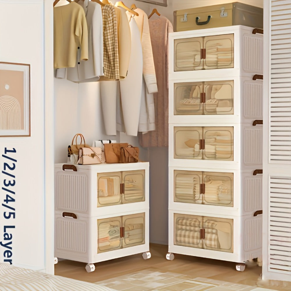 Foldable Storage Cabinet with Door ¨C Multi-Layer Stackable Storage Box for Shoes, Clothes & Books | Large Closet Organizer for Bedroom, Bathroom, Kitchen, Office & Wardrobe