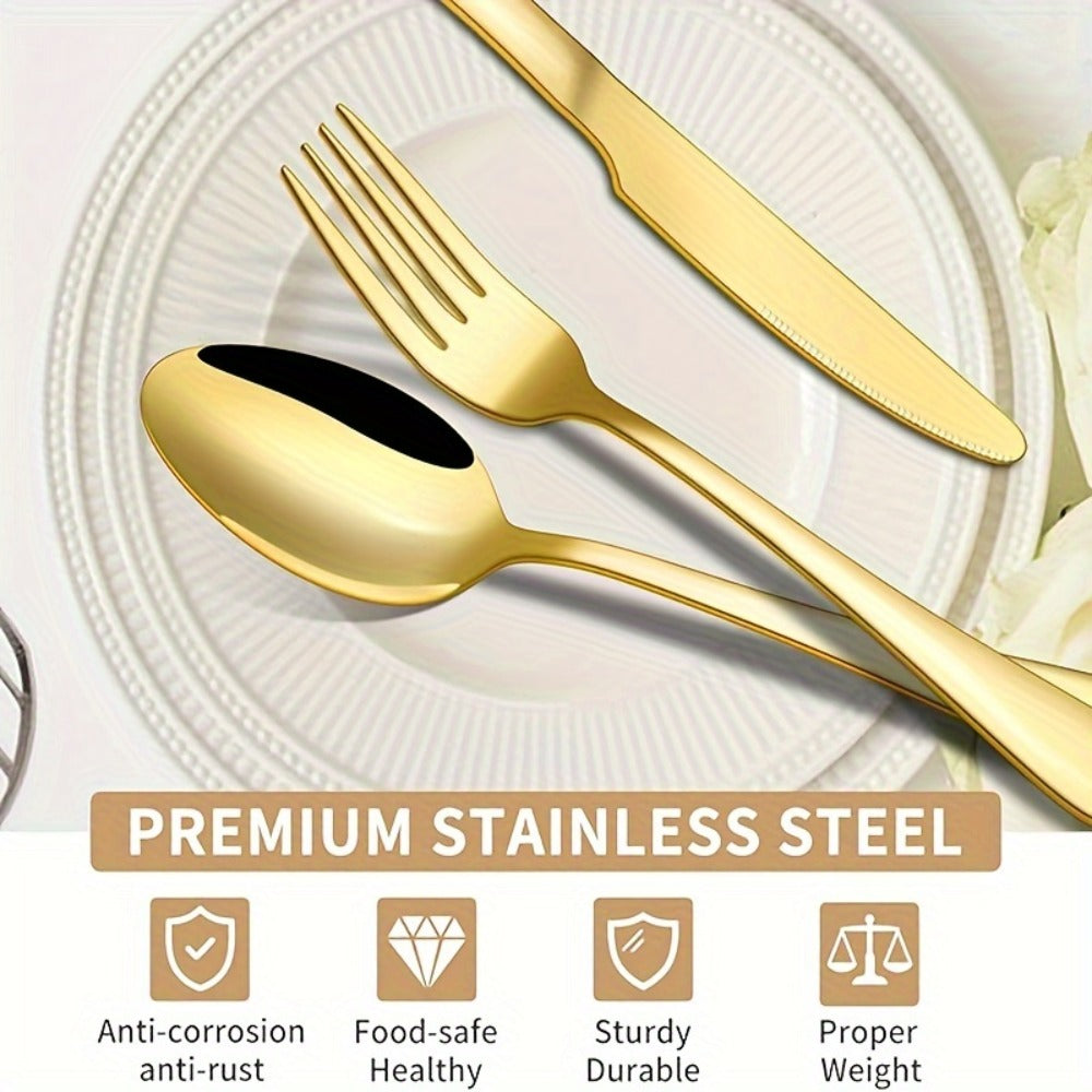 30pcs Golden Stainless Steel Flatware Set for 6 People Mirror Polish Knives Forks Spoons Silverware with Wooden Gift Box for Wedding Celebration Banquet Business Gift