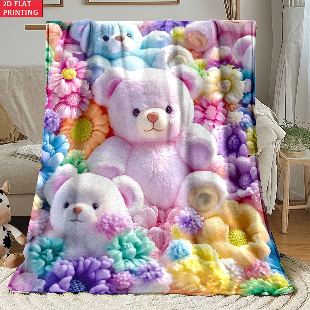 Teddy Bear Floral Blanket 2D Flat Print - Soft Lightweight Colorful Throw for Sofa Bed Travel Camping Office Living Room, Cute Animal Flower Pattern Home Decor Blanket