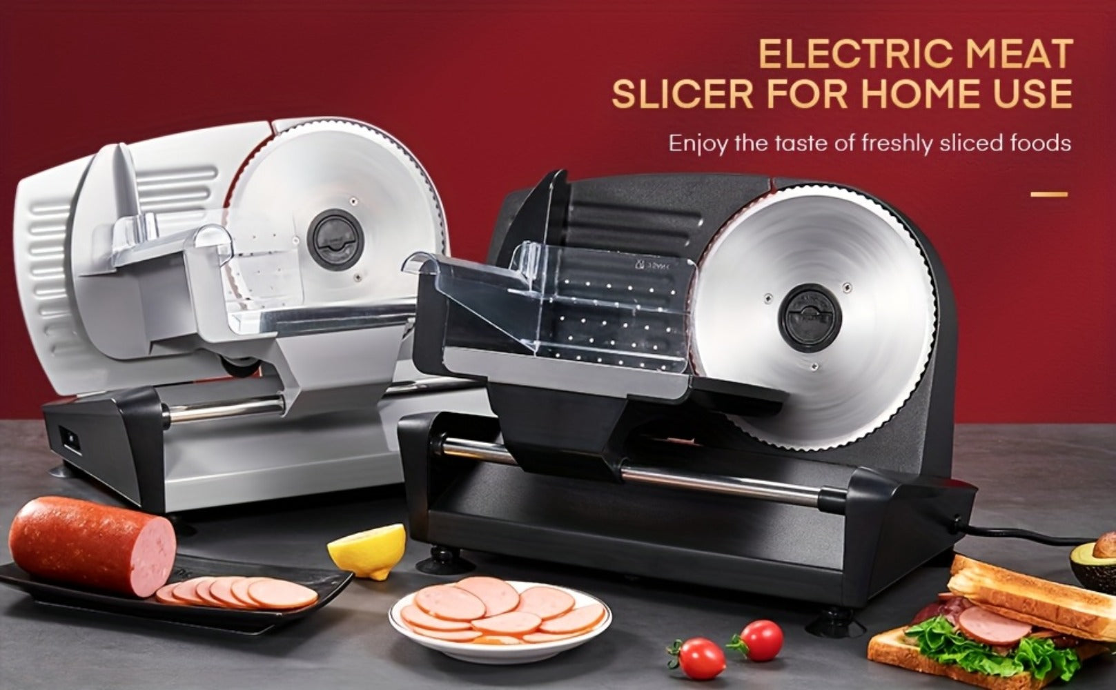 Electric Meat Slicer 200W Deli Food Slicer with Two 7.5¡± Removable Stainless Steel Blades 0-15mm Thickness Control Cut Meat Ham Bread Cheese Fruit for Home Use