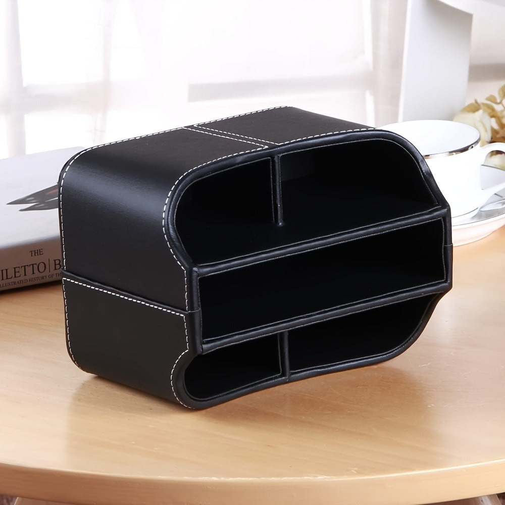 360¡ã Swivel Remote Control Holder with 5 Compartments ¨C PU Leather Desktop Organizer Caddy for TV Remotes, Phones, Glasses, Cosmetics & Stationery, Rotating Storage Box for Home Office Nightstand