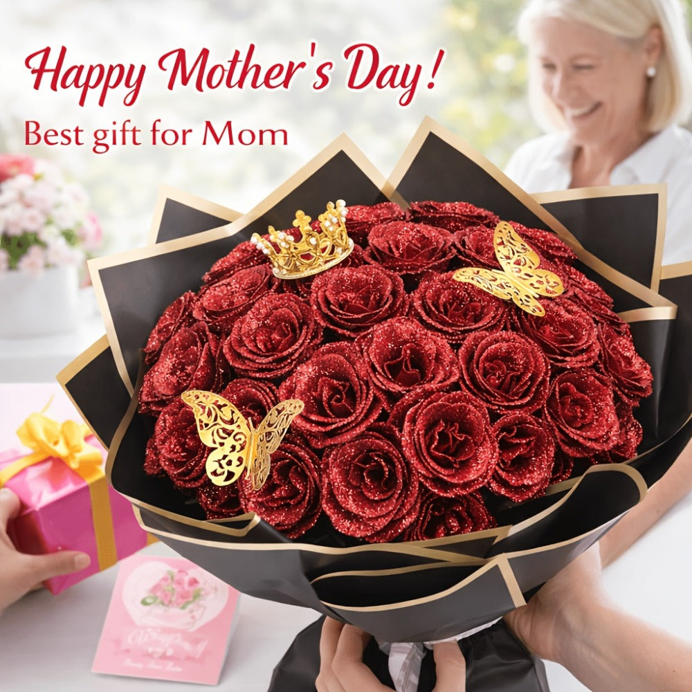 Glitter Roses Bouquet 24/36pcs - Everlasting Artificial Roses with Sparkling Glitter Petals for Valentine's Day, Wedding & Anniversary