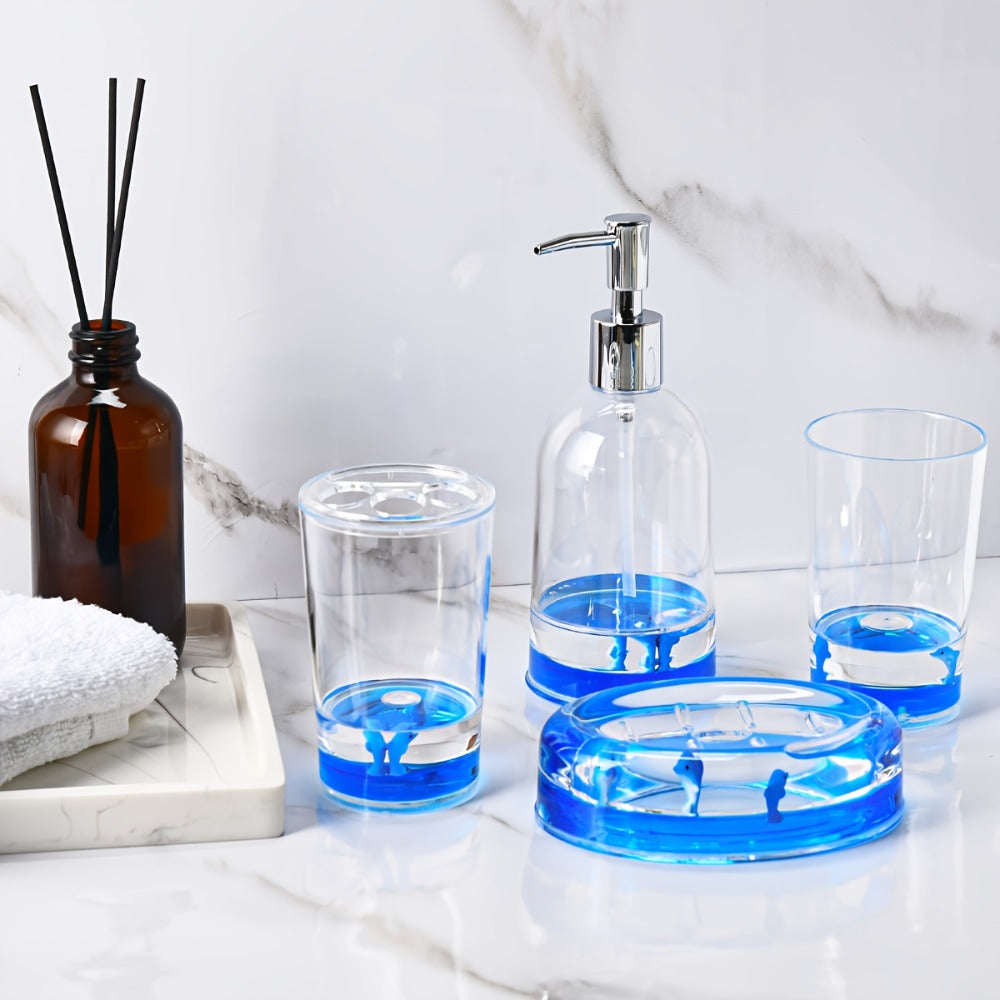 Bathroom Accessory Set 4-Piece 3D Floating Motion Acrylic Liquid Vanity Kit - Tumbler, Toothbrush Holder, Soap Dispenser & Soap Dish, Handcrafted Shell & Leaf Decor, Ocean Dolphin Conch Leaf Styles