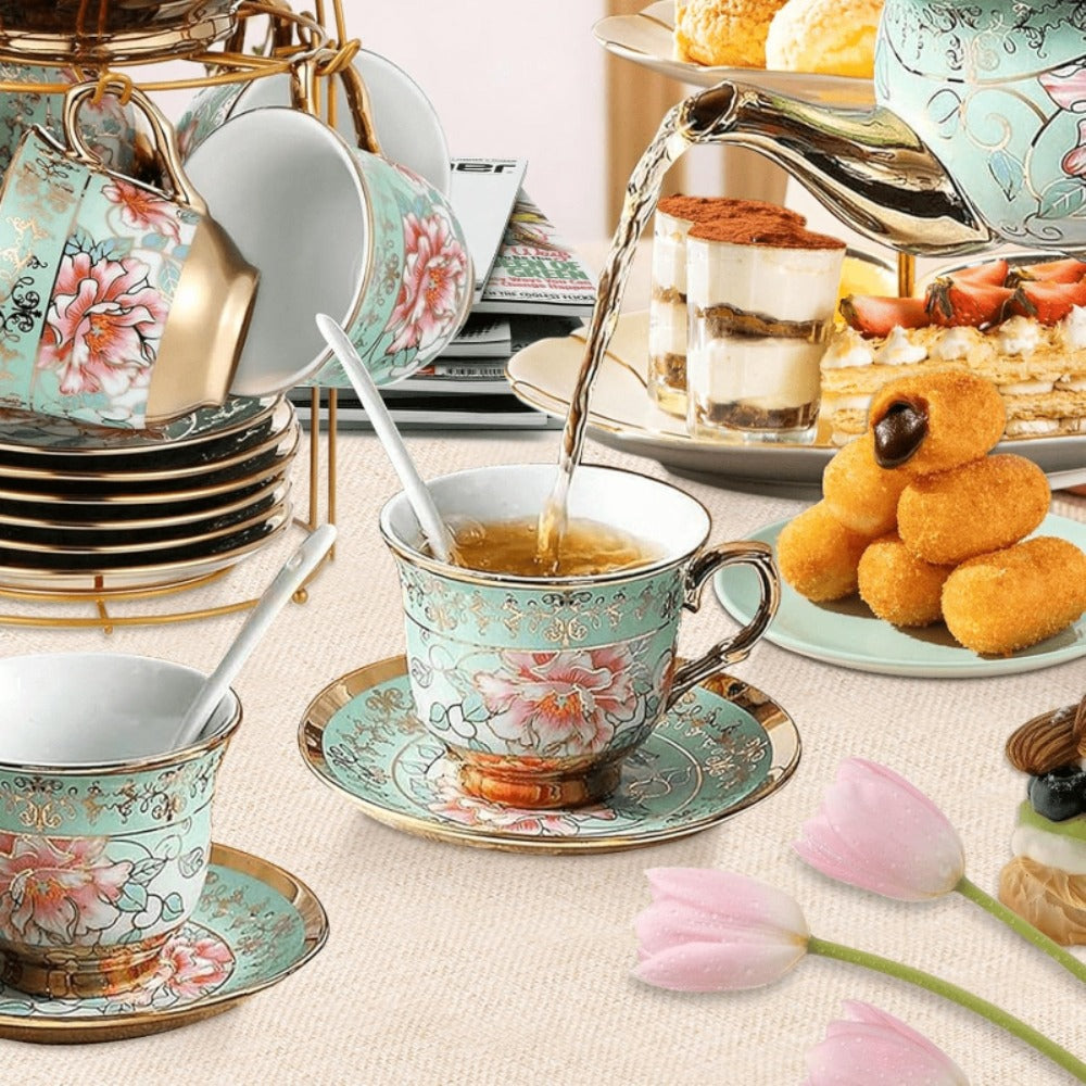 20-Piece Floral Ceramic Tea Set with Saucers & Metal Stand | European Afternoon Tea Service, Blooming Design, Complete Tea Accessories, Gift for Tea Lovers