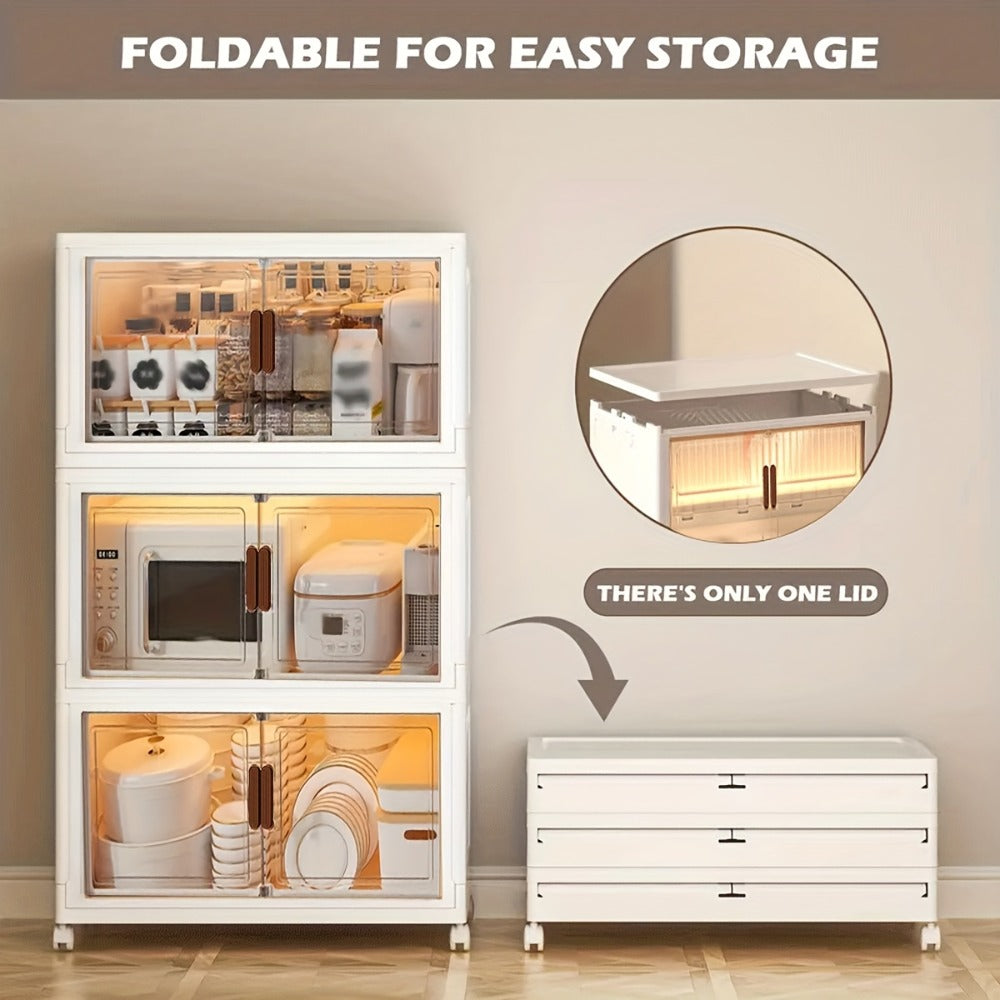 Stackable Storage Cabinet with Doors and Wheels | Collapsible Plastic Locker 1-5 Layers Large Capacity Home Organization for Bedroom Living Room Kitchen Easy Assembly Space Saving