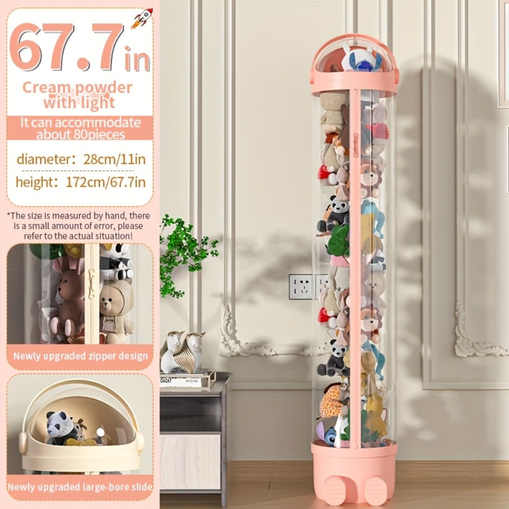 Stuffed Animal Storage Bin Transparent Cylindrical with Zipper ¨C Large Plush Toy Organizer for Kids Bedroom Living Room ¨C Clear Doll Storage Bag Easy Assembly