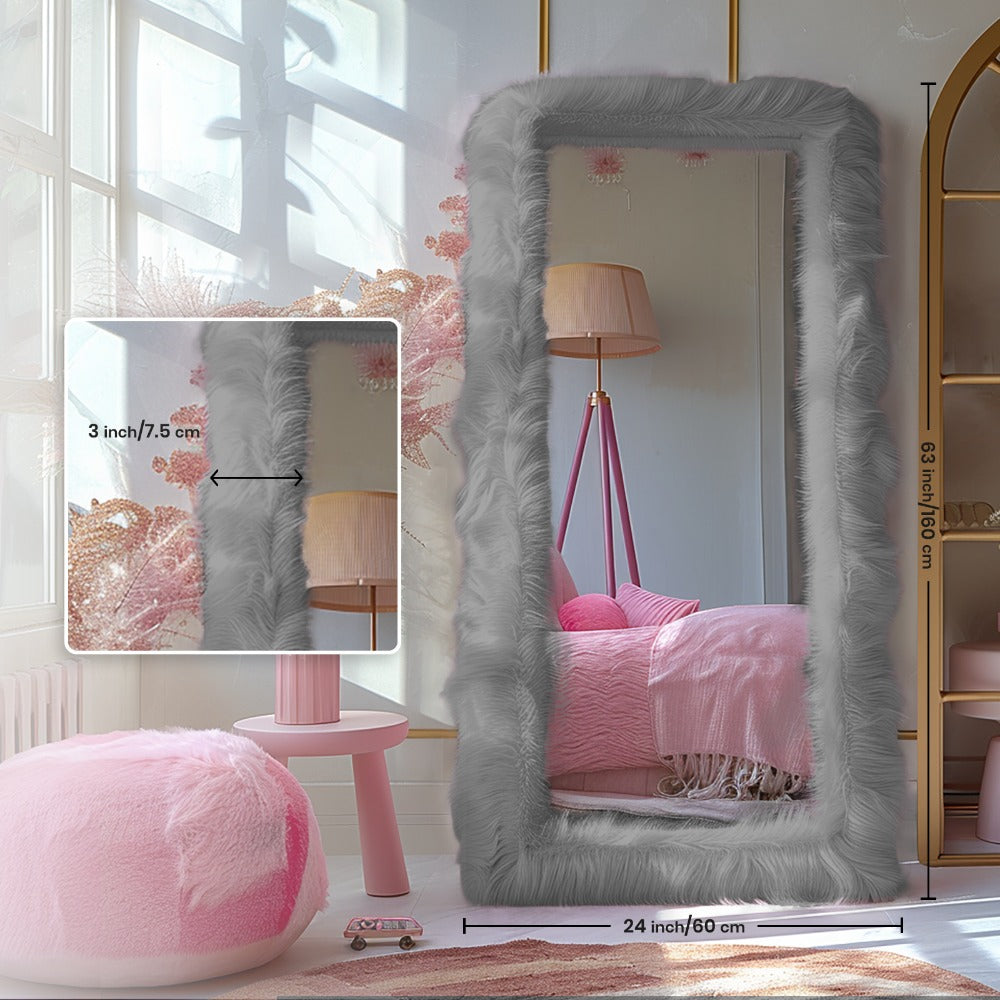 Full Length Mirror with Faux Fur Frame 24x63 Inch Leaning Floor Mirror for Bedroom Living Room Hallway Vanity Dressing Mirror Pink Gray White