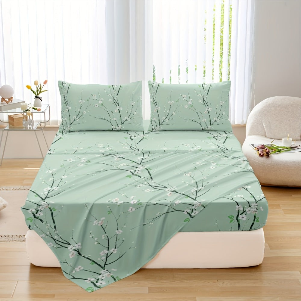 Fitted Sheet Set 4-Piece Plum Blossom Floral Print | Deep Pocket 15¡± Bed Sheets Twin Full Queen King | Soft Polyester Bedding Set with 2 Pillowcases, All-Season Machine Washable
