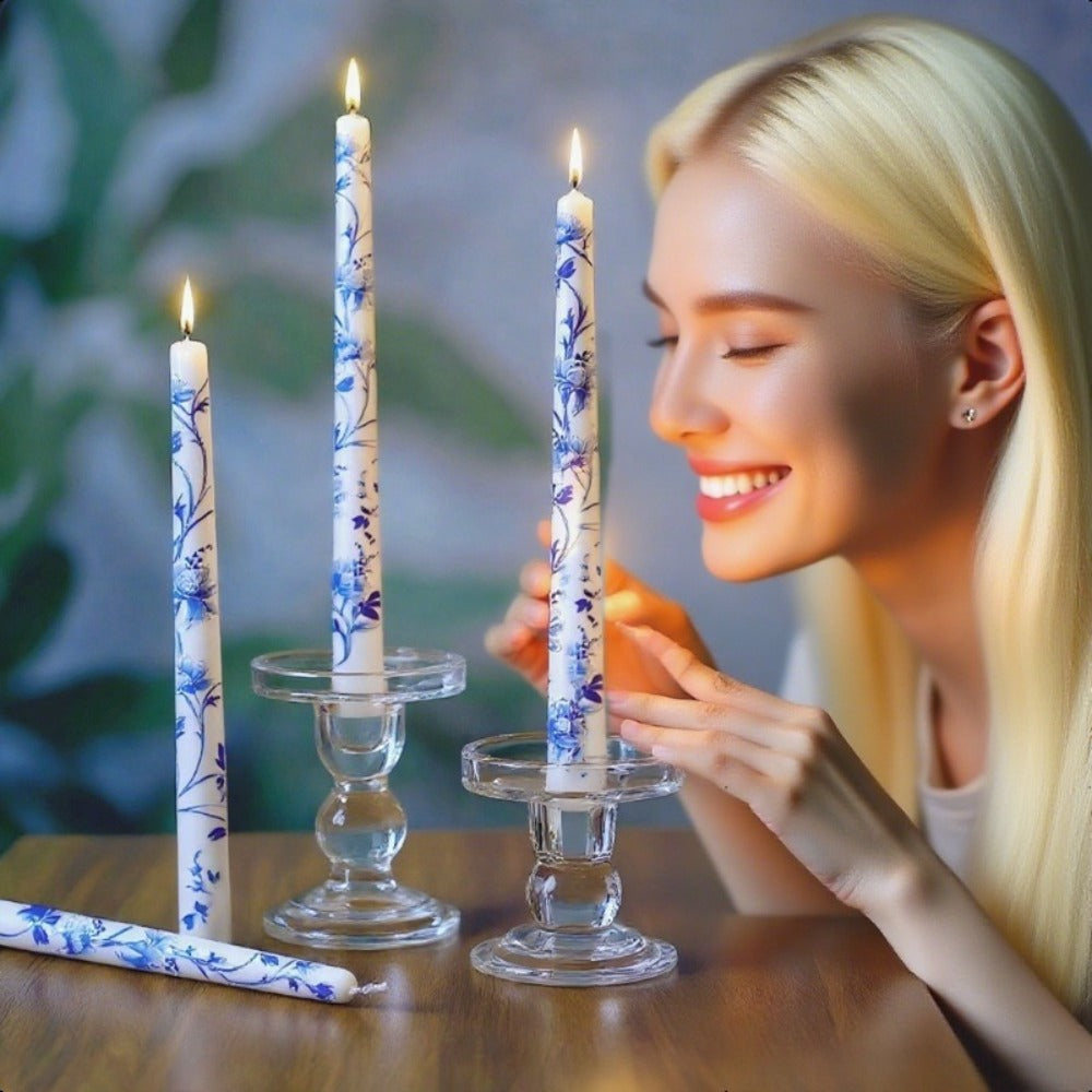 Taper Candles Blue White Porcelain 6-Pack 10 Inch | Dripless Unscented Soy Wax Chinoiserie Candlesticks 8-12 Hour Burn for Weddings Christmas Dinner Table Home Decor Centerpiece