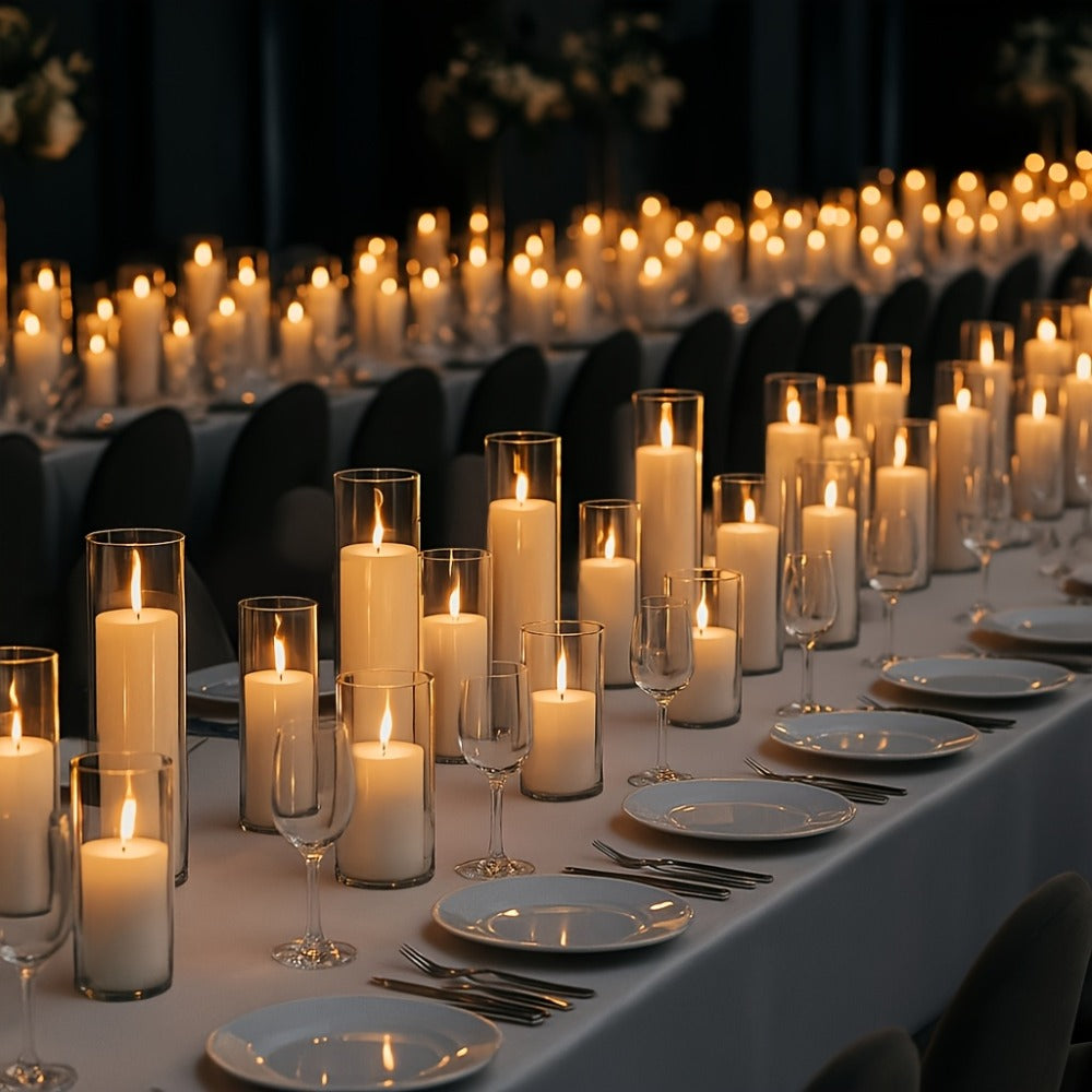 Pillar Candles with Clear Glass Hurricane Holders ¨C Unscented White Cylinder Candles & Vases for Wedding Centerpieces, Party Tables, Home & Office Decor, Bulk Set 24 or 48 Pieces
