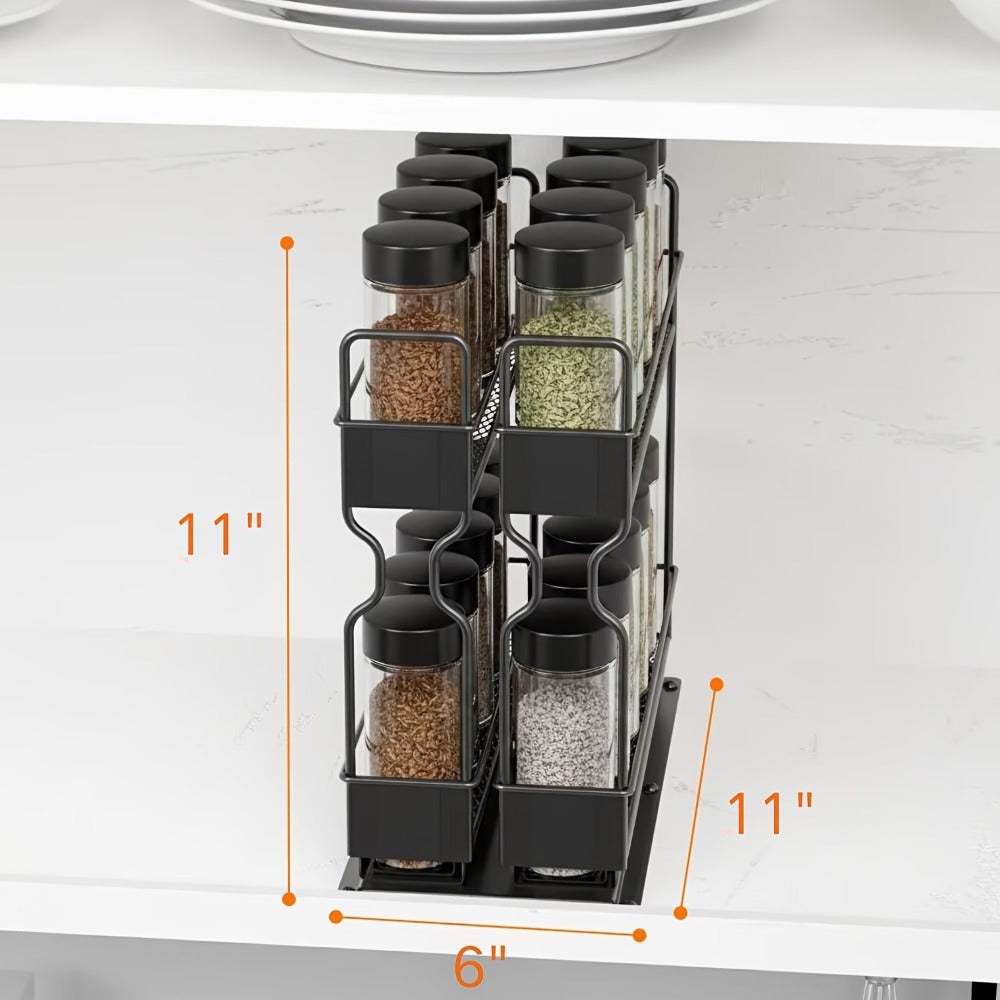 Spice Rack Organizer for Cabinet 2-Tier Heavy Duty Slide-Out Drawers with 415 Labels Steel Pull-Out Spice Drawer for Kitchen Cabinet Space-Saving Seasoning Storage