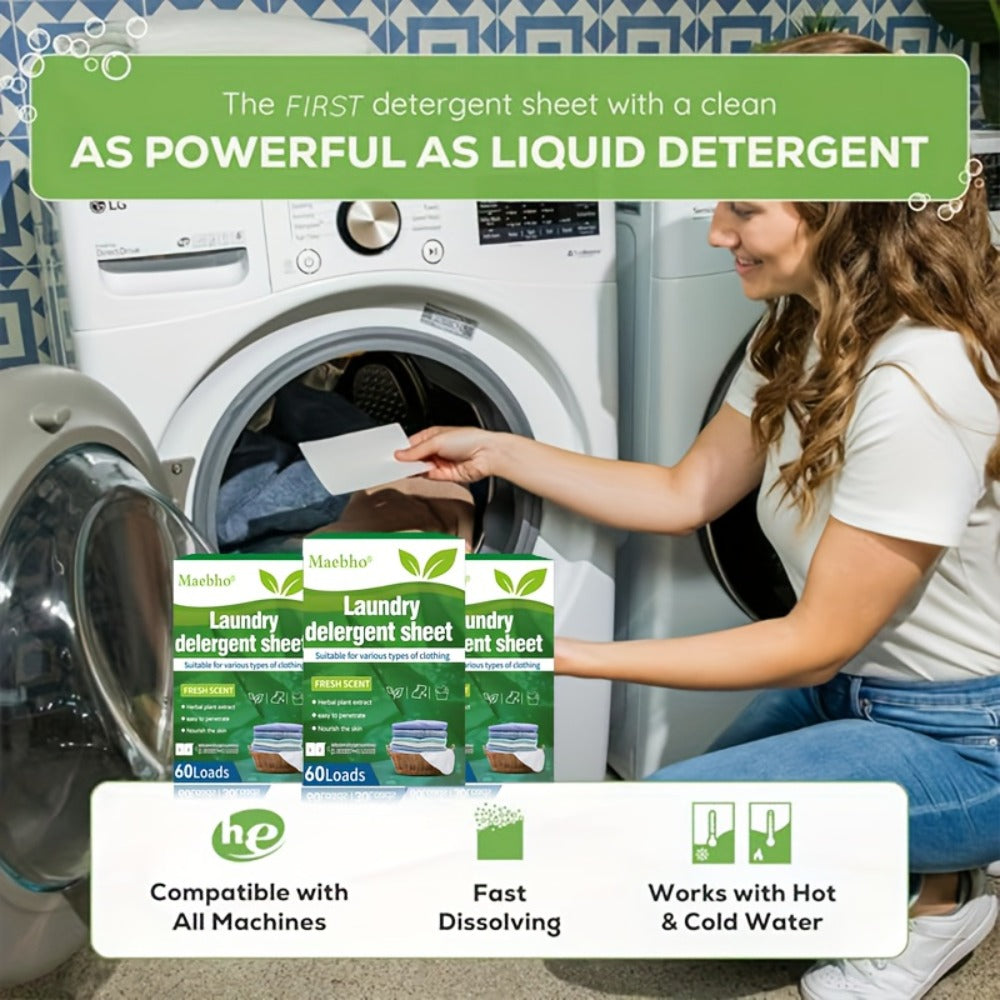 Laundry Detergent Sheets 60 Loads Fresh Scent Hypoallergenic Liquidless Stain and Odor Remover for Sensitive Skin Works in Hot and Cold Water Space-Saving Travel Size Eco-Friendly Laundry Strips