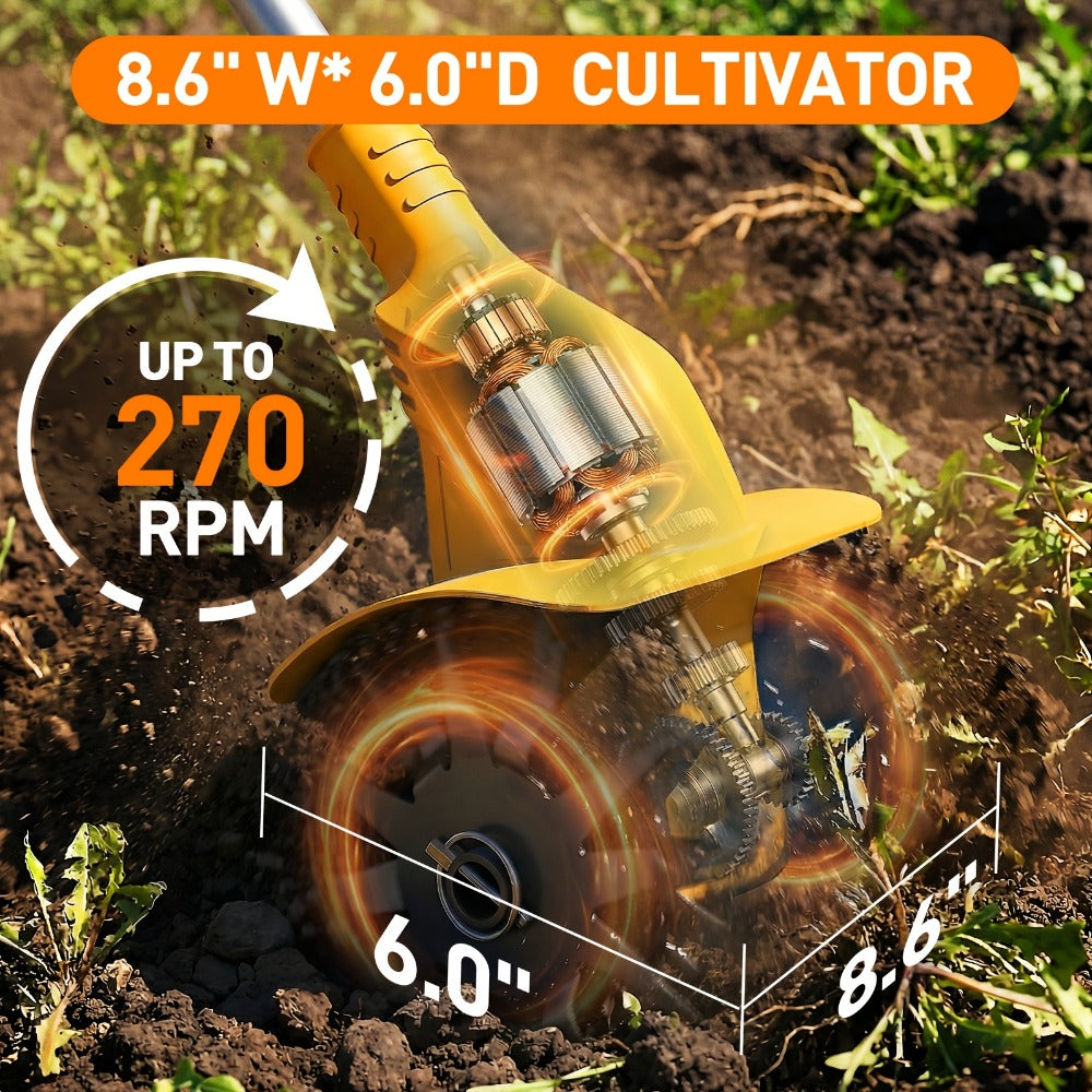 Electric Tiller Cultivator Cordless 20V Battery Powered - 8.6 Inch Tilling Width, Adjustable Ergonomic Handle, Garden Bed & Farm Soil Breaker, Available in Small/Large with 1 or 2 Batteries Included
