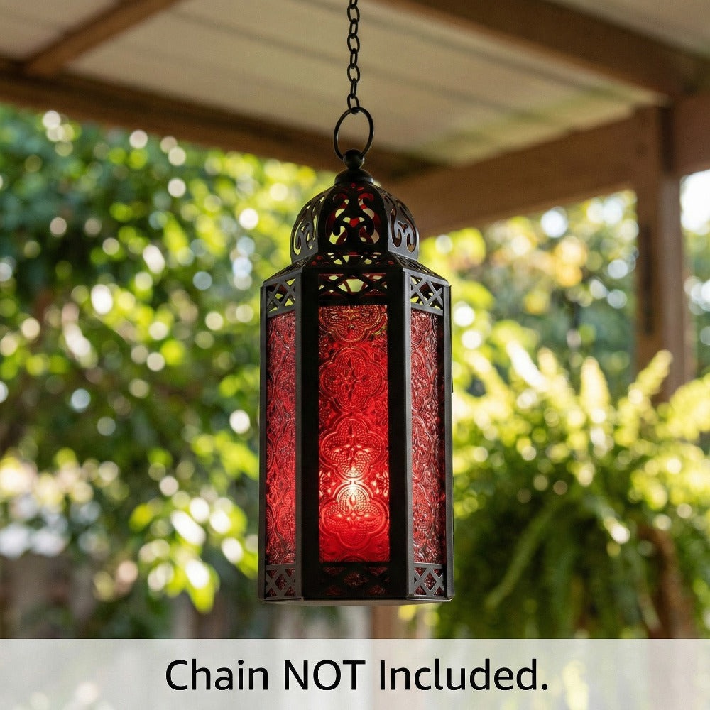 Moroccan Candle Lantern Holder - Decorative Metal & Glass Lantern with Embossed Floral Design for Indoor Home Decor, Garden, Patio, Weddings, Ramadan, Halloween & Holiday Celebrations - 10.5¡± Tall Medium Size