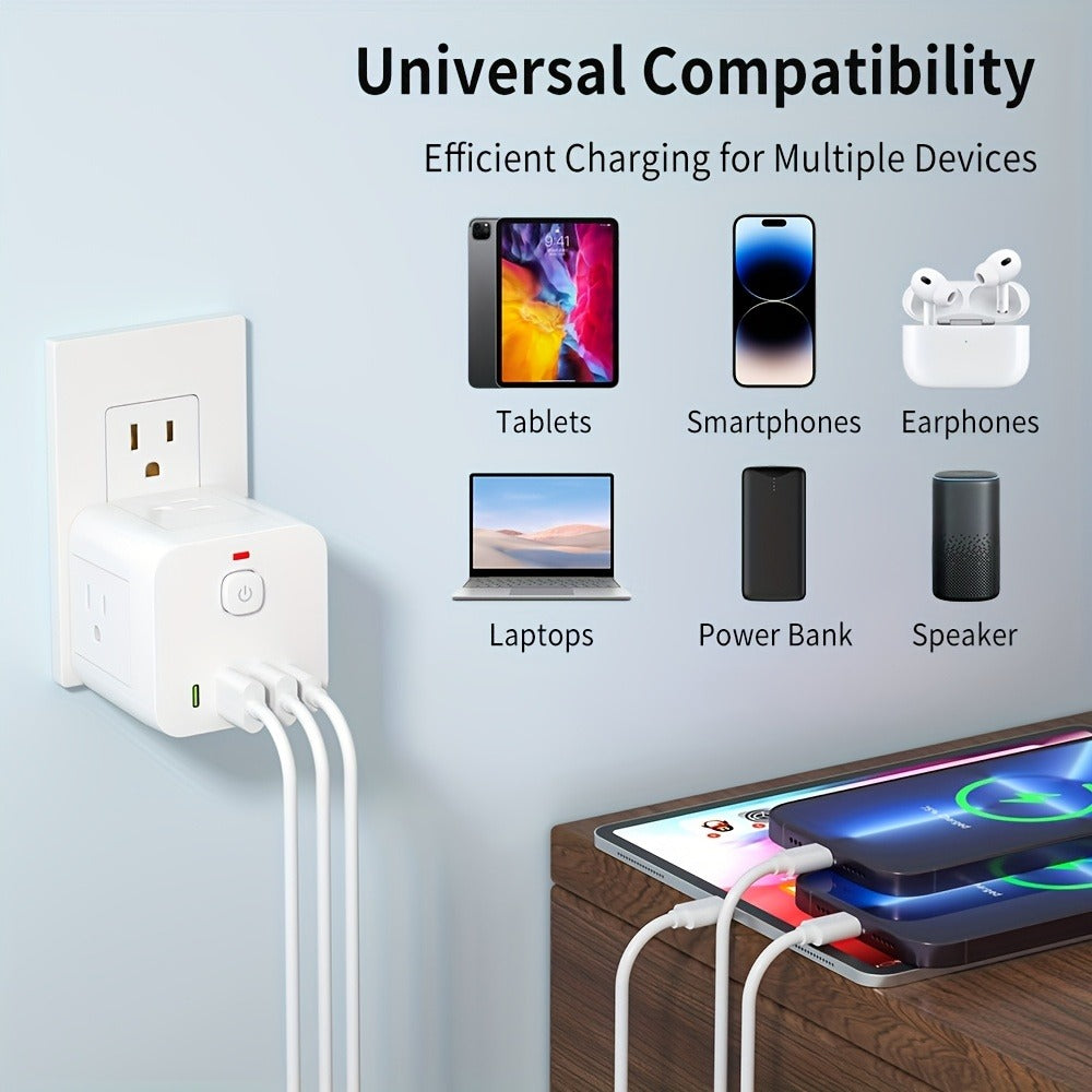 Wall Outlet Extender 8-in-1 with 4 AC Outlets 2 USB-A 2 USB-C Ports Power-Off Switch Overload Protection 4-Sided Design for Living Room Kitchen Bathroom Bedroom Office White
