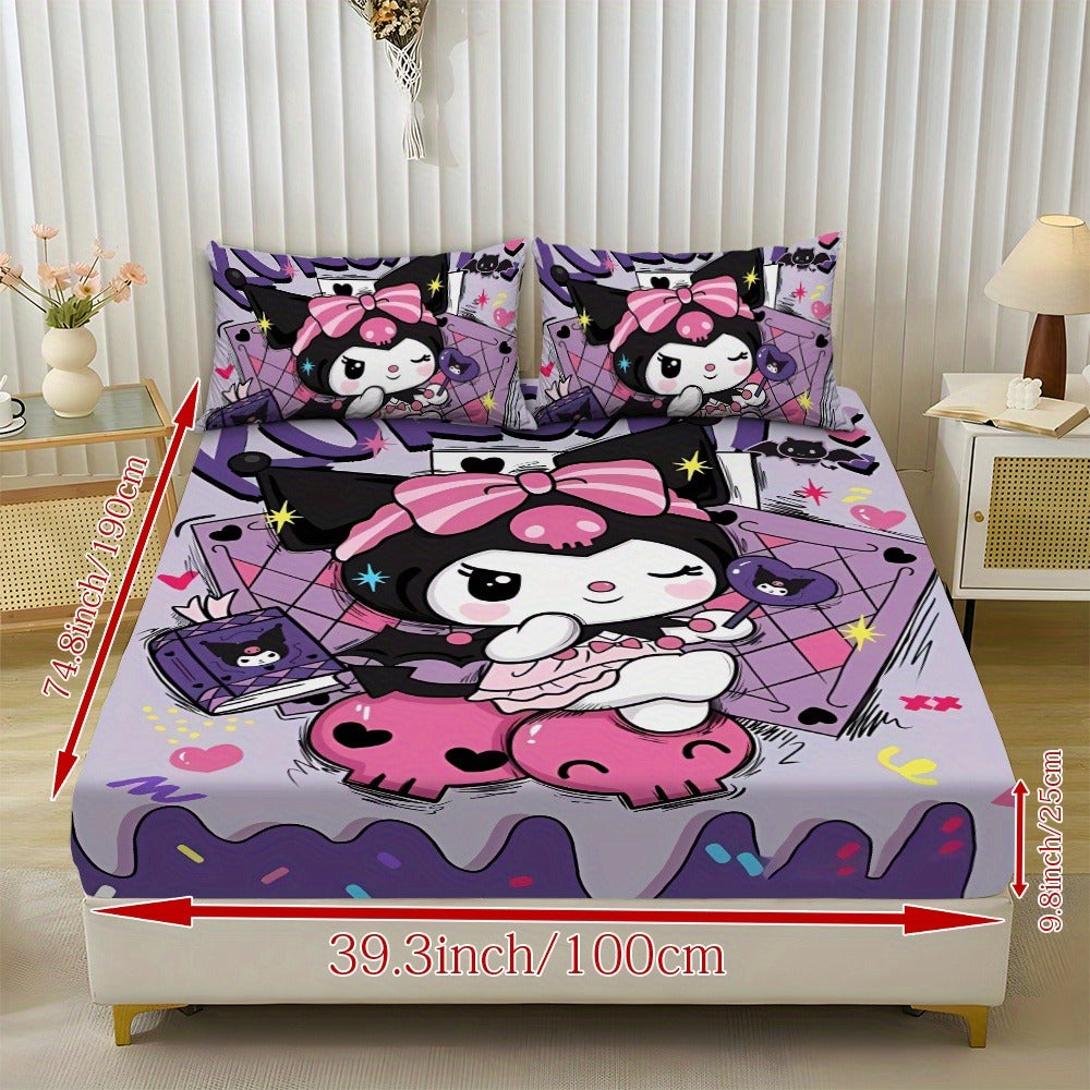 Sanrio Hello Kitty & Kuromi Bedding Set 3pcs ¨C Fitted Sheet & Pillowcases, Soft Polyester, Machine Washable, Twin Full Queen King, All-Season Bedroom Decor for Kids Girls Home Guest Room