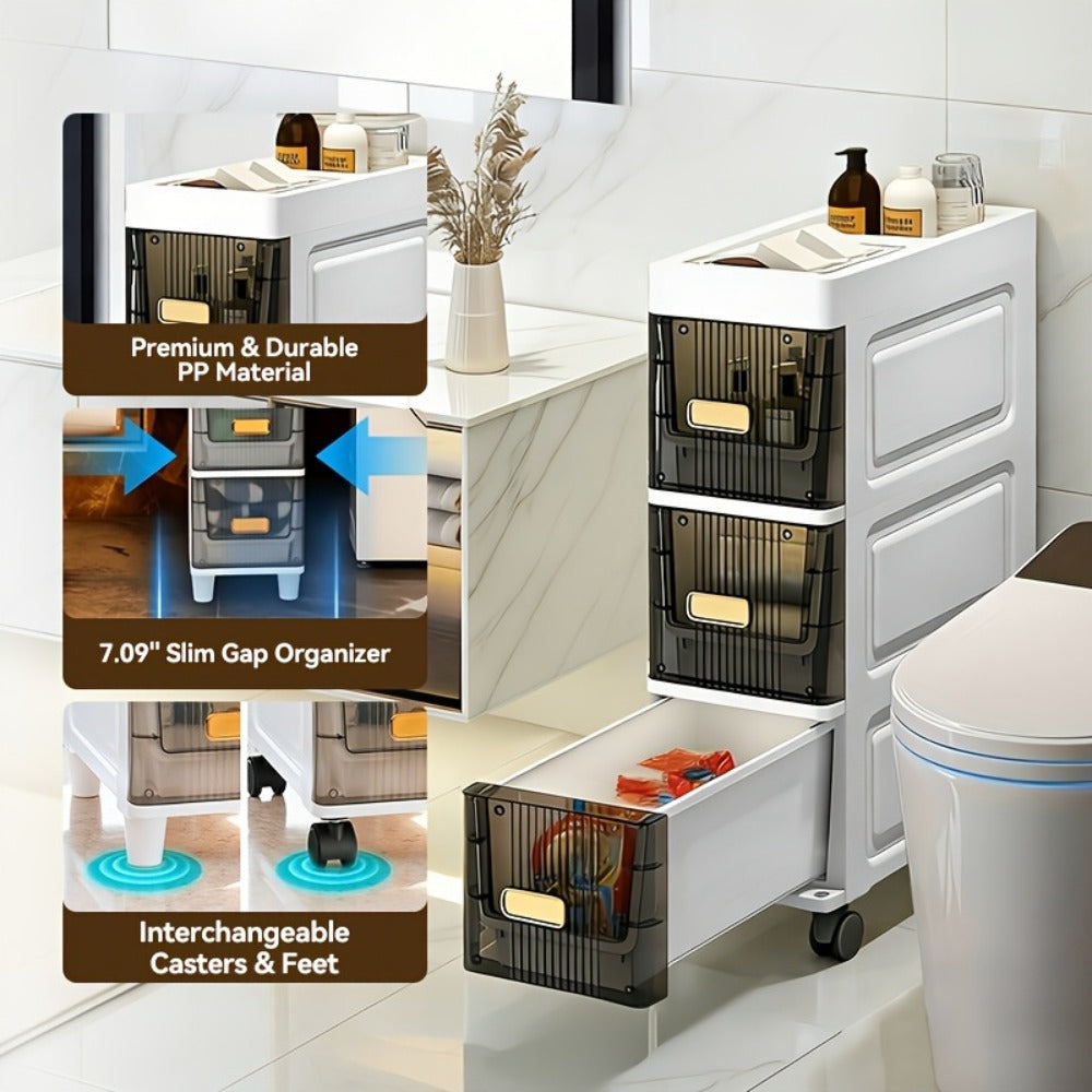 Slim Storage Cabinet with Drawers & Wheels - Waterproof PP Bathroom Kitchen Organizer, 3-5 Layer Tower Unit for Small Spaces