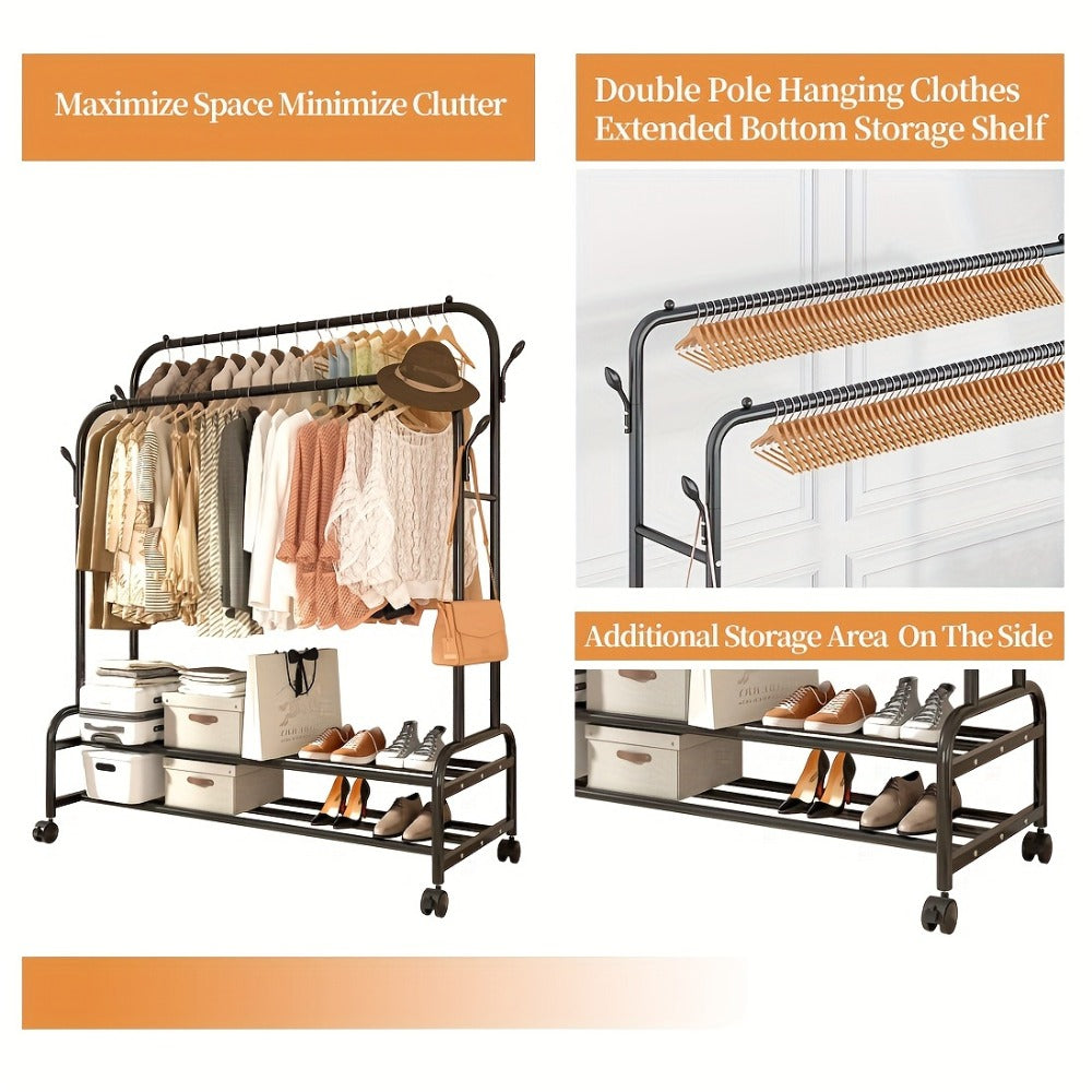Heavy Duty Metal Clothing Rack Double Rod with Wheels Shelves and Hooks Freestanding Garment Rack 300LB Capacity Closet Organizer for Bedroom Laundry Room