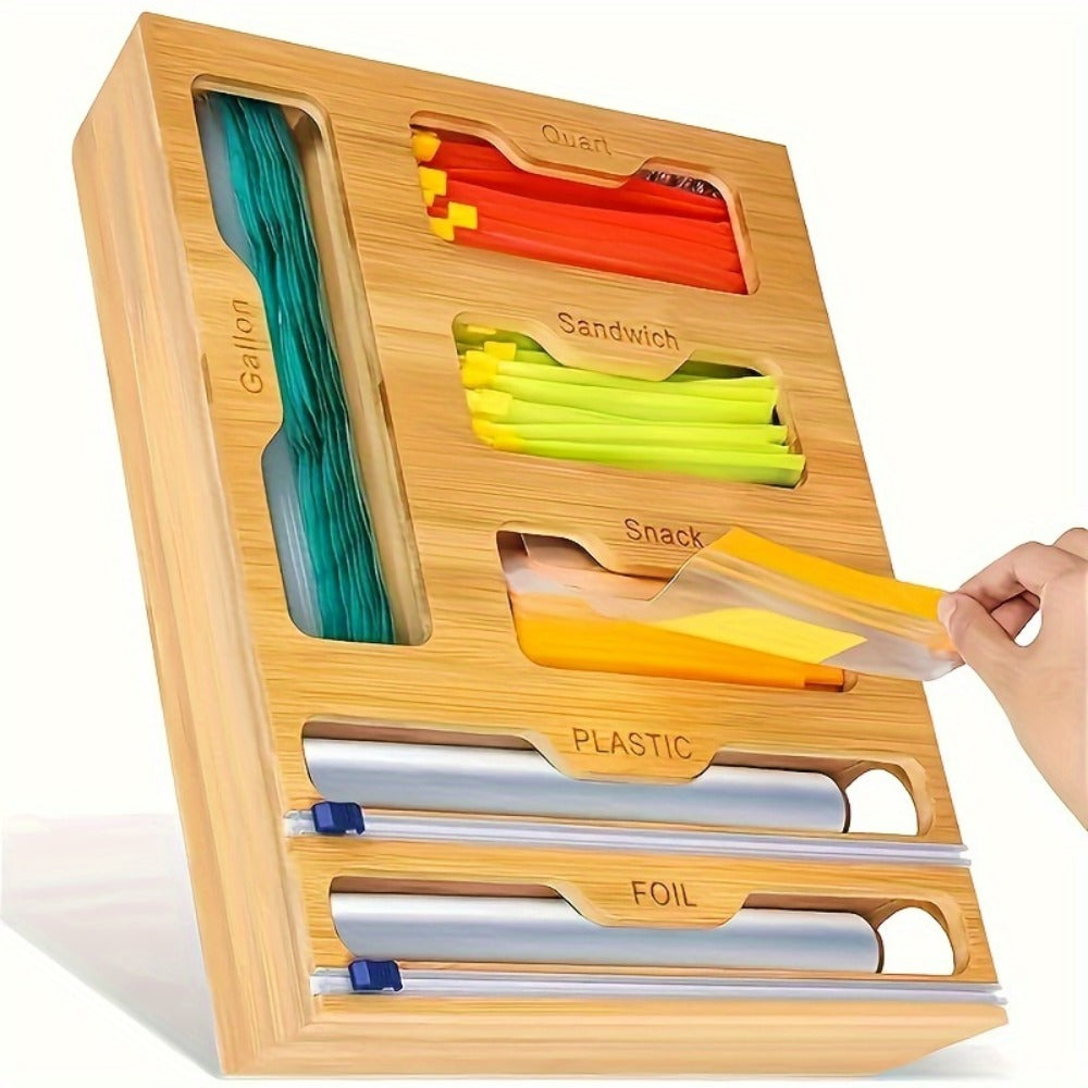 Bamboo Kitchen Organizer 6-in-1 - Aluminum Foil Plastic Wrap Dispenser with Cutter Ziplock Bag Organizer for Kitchen Drawer Gallon Quart Sandwich Snack Bags Storage
