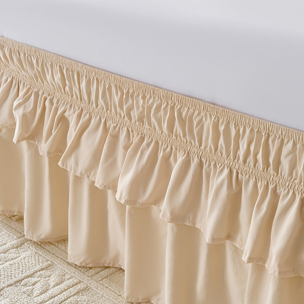 Double Ruffle Bed Skirt 16¡± Drop | Elastic Wrap Around Dust Ruffle for Twin Full Queen King Bed | Easy Install Machine Washable Soft Linen Poly Blend Bedskirt