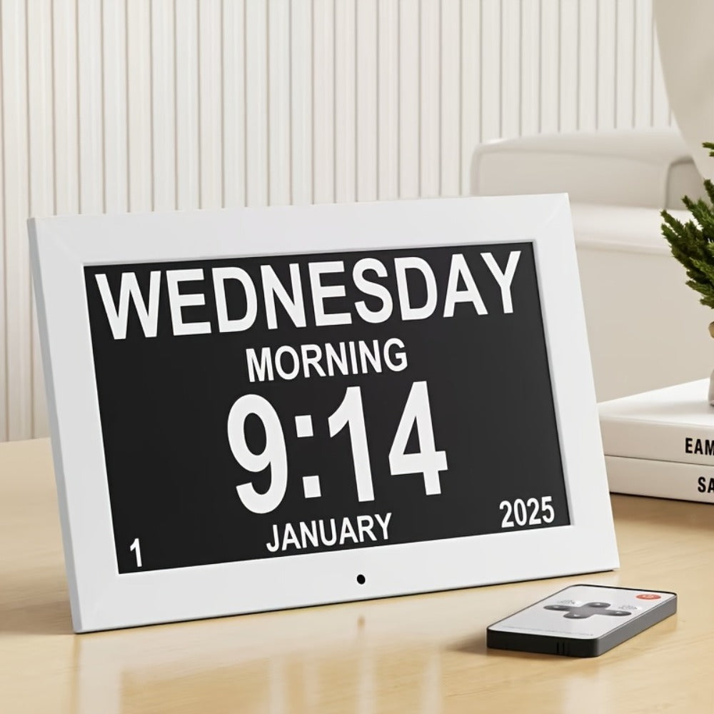 Digital Photo Frame Clock Large Display Calendar Alarm Clock for Seniors USB Powered Supports Photo Video Playback 7 10.1 Inch Bedroom Decor