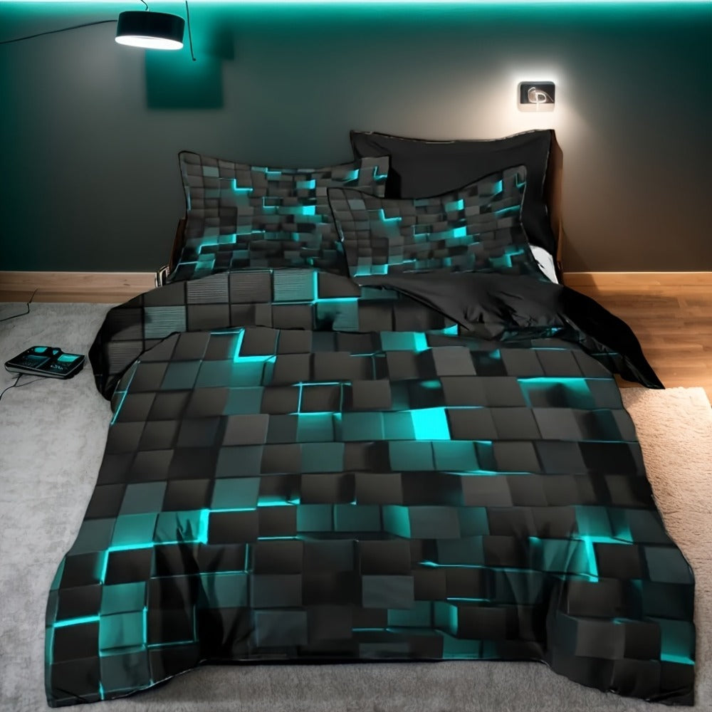 Duvet Cover Set Queen King Twin Full 3D Geometric Cube Print | 3-Piece Polyester Bedding Set | Black Blue Grid Pattern | All-Season Soft Quilt Cover + 2 Pillowcases | Machine Washable