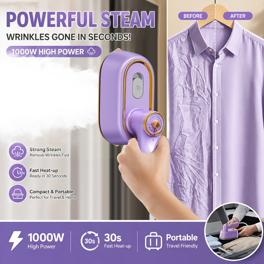 Mini Travel Steamer 2-in-1 Dry Steam Iron Foldable 180 Degree Handle 15-Second Heat 85ml Leak-Proof Tank ETL Certified for All Fabrics Home Travel Purple Black