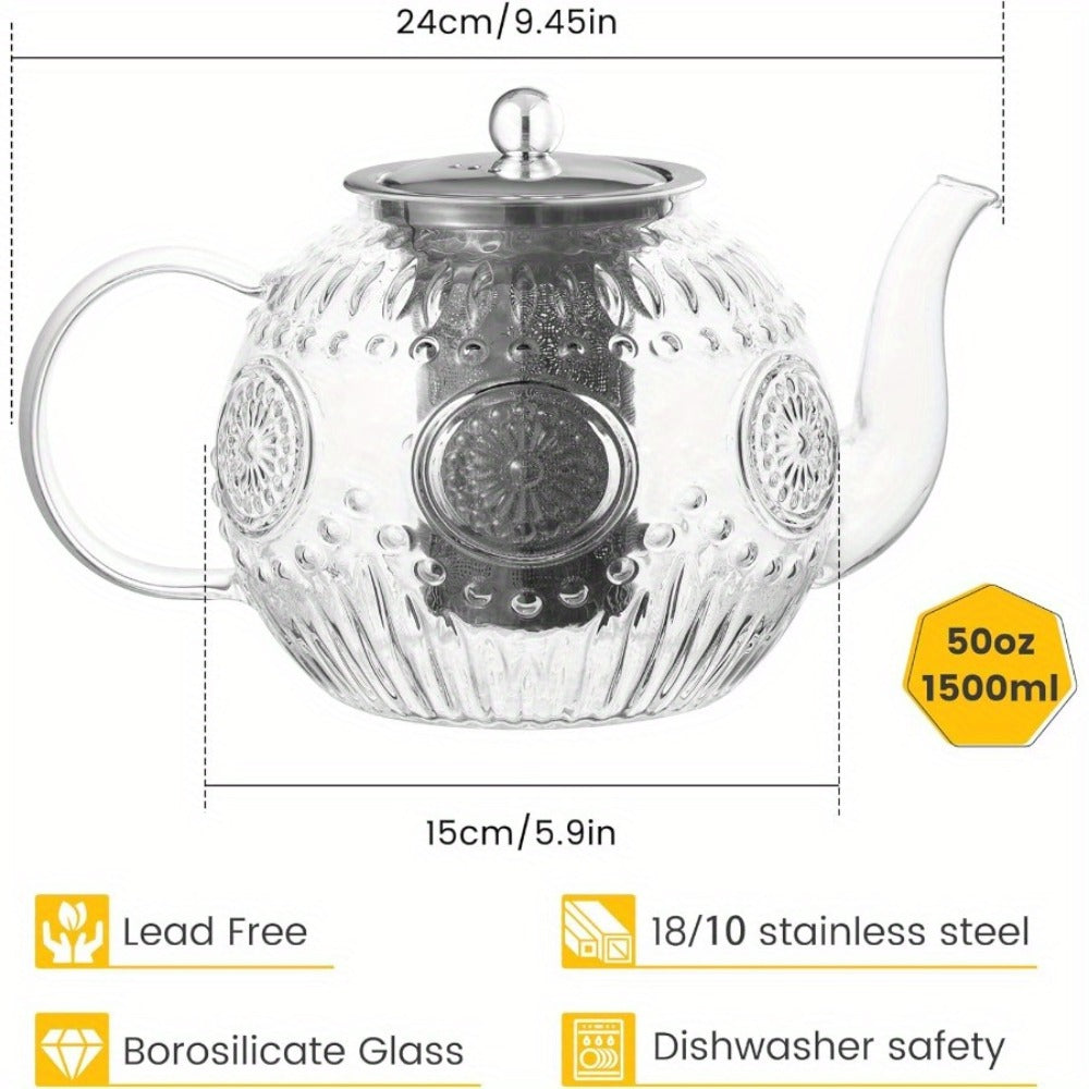 Vintage Glass Teapot 50oz 1500ml with Removable Infuser Stovetop Safe Borosilicate Tea Kettle Elegant Floral Design Durable Easy Clean for Loose Leaf Blooming Tea