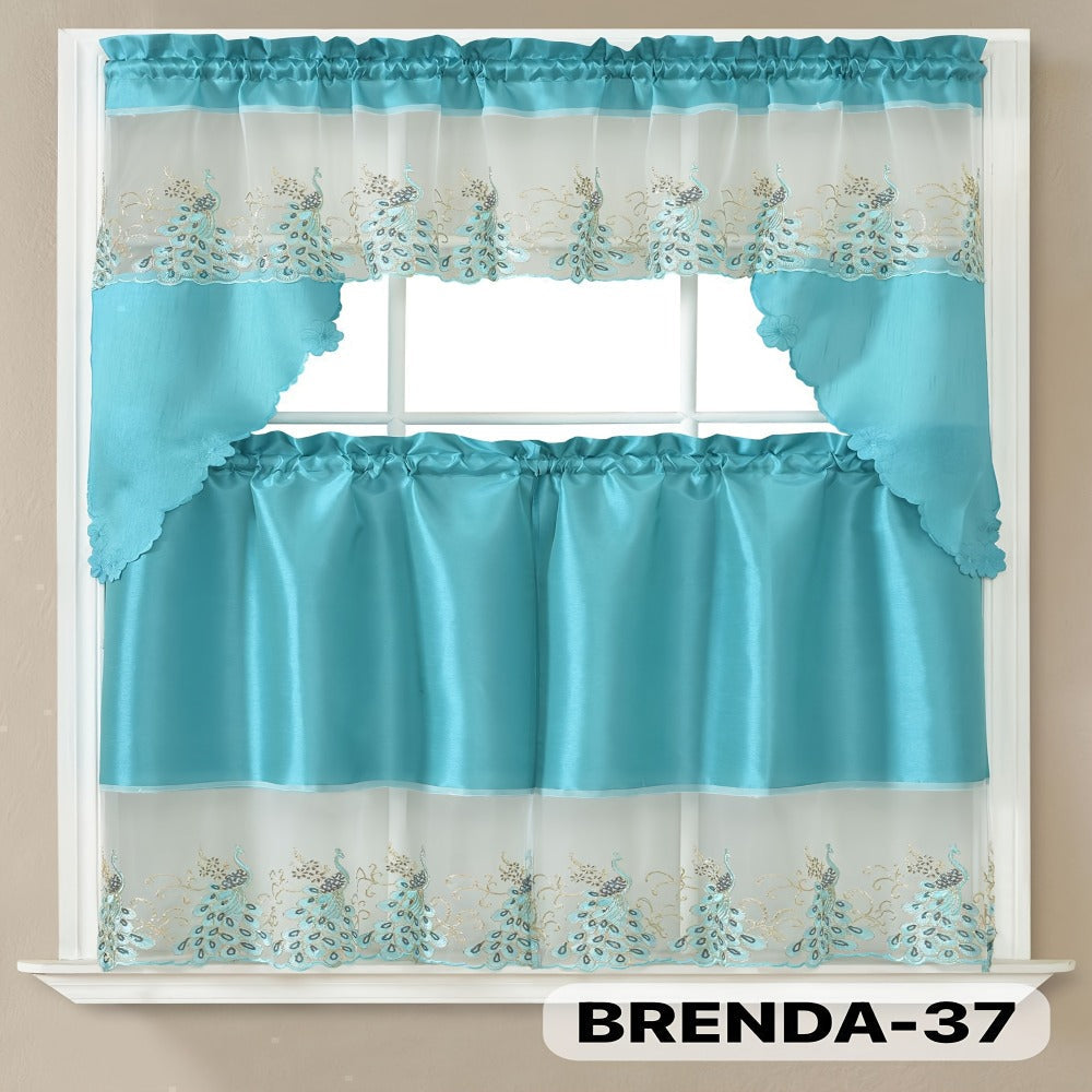 Kitchen Curtains 3 Piece Set Embroidered Satin Valance and Tiers - Rod Pocket Light Filtering Machine Washable 46 Colors Available All Season Home Decor