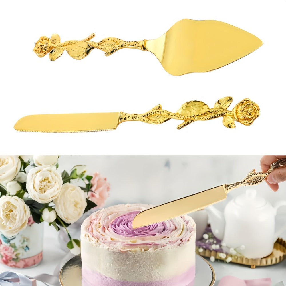 Cake Knife and Spatula Set with Rose Handle ¨C Silver-Plated Dessert Server Gift Box Set for Wedding, Birthday & Party