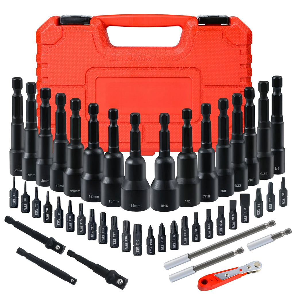Magnetic Nut Driver Set 47pcs - Magnetic Screwdriver Bits & Socket Set, SAE 1/4¡±-9/16¡± & Metric 6-14mm, 1/4¡± Hex Shank, Strong Magnetism, for Drill & Impact Driver, Home & Professional Use