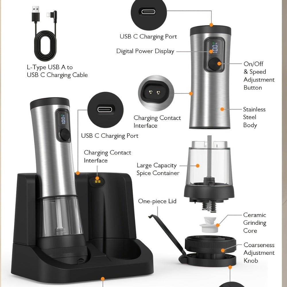 Electric Salt and Pepper Grinder Set Rechargeable USB Large Capacity with Base Automatic Adjustable Coarseness LED Display Kitchen Gift Silver Black