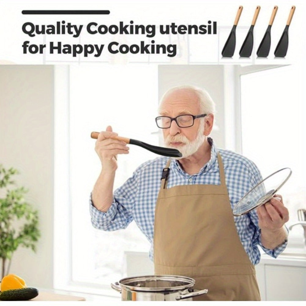 Silicone Kitchen Utensil Set 2/4 Pcs ¨C 12-Inch Wood Handle Cooking Tools with Stay-Cool Grip for Frying, Baking, Mixing & Serving, Non-Stick Cookware Safe Spatula & Spoon Kit