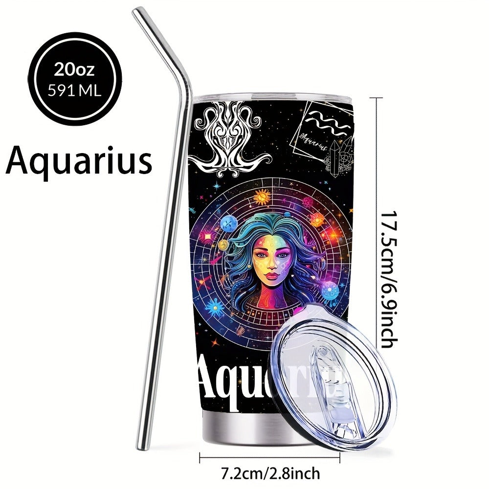 Zodiac Sign Insulated Tumbler 20oz Stainless Steel Travel Cup with Lid & Straw Hot Cold Drinks Horoscope Coffee Mug Gift for Men Women Birthday Christmas