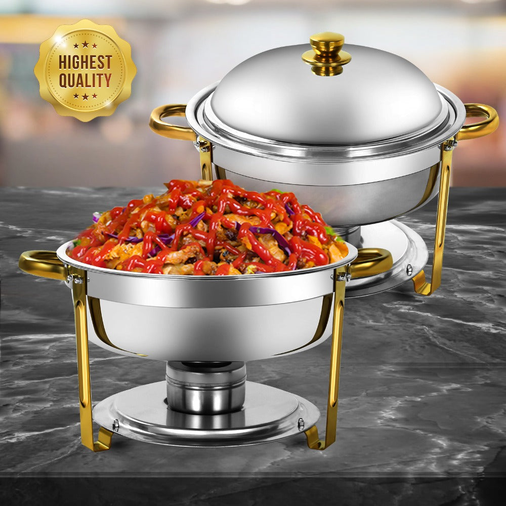 Golden Chafing Dish Buffet Set with Glass Lid 6QT Round Stainless Steel Food Warmer Chafer for Catering Party Dinners Weddings, Titanium Gold Finish, 2 & 4 Pack
