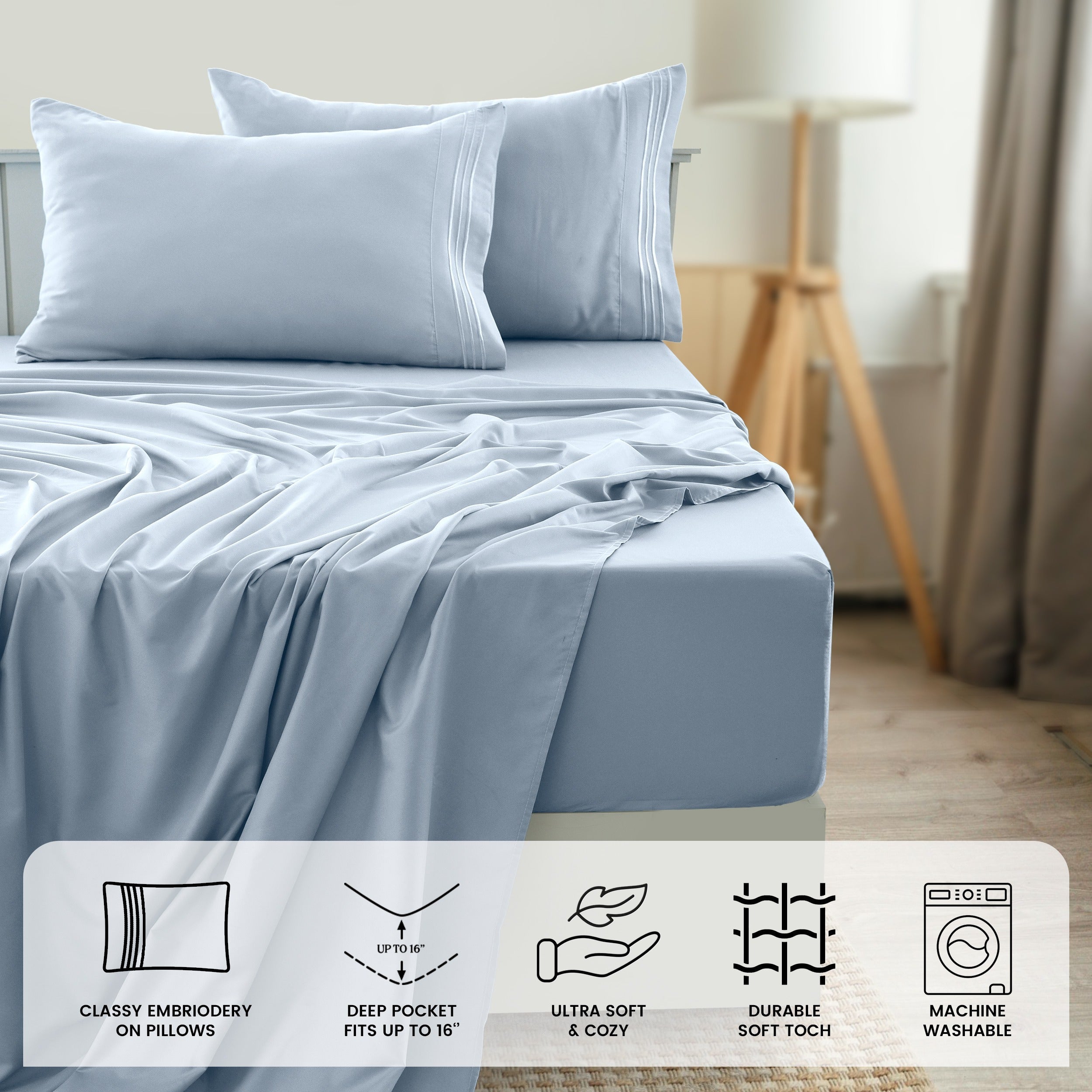 Fitted Sheet Set 6-Piece Brushed Polyester Deep Pocket Bed Sheets 20 Colors Hotel Luxury Soft Bedding with Embroidered Pillowcases