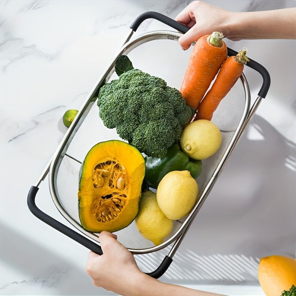 Stainless Steel Colander Expandable Fine Mesh Drain Basket Strainer for Vegetables Fruits Pasta Rice Kitchen Sink Washing Bowl Food Strainer