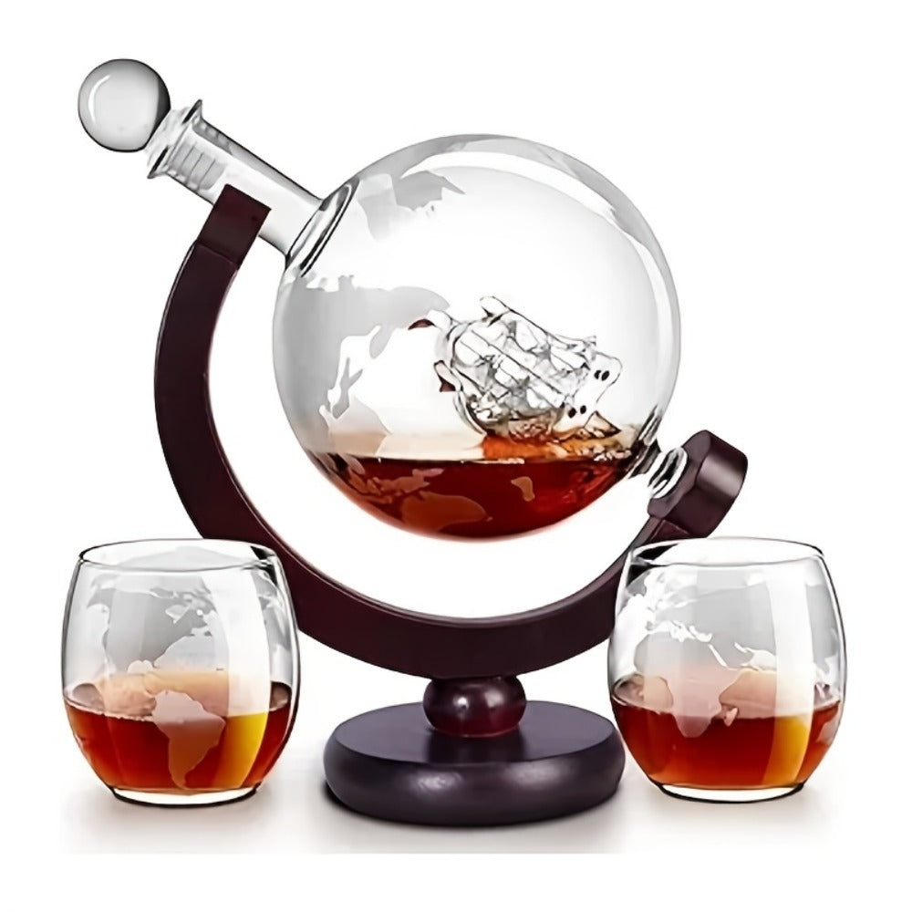 Whiskey Decanter Set with Glasses and Wooden Stand Ball Globe 28oz or Sailboat 44oz Etched Crystal Glass Cups for Whiskey Bourbon Scotch Birthday Wedding Anniversary Gift