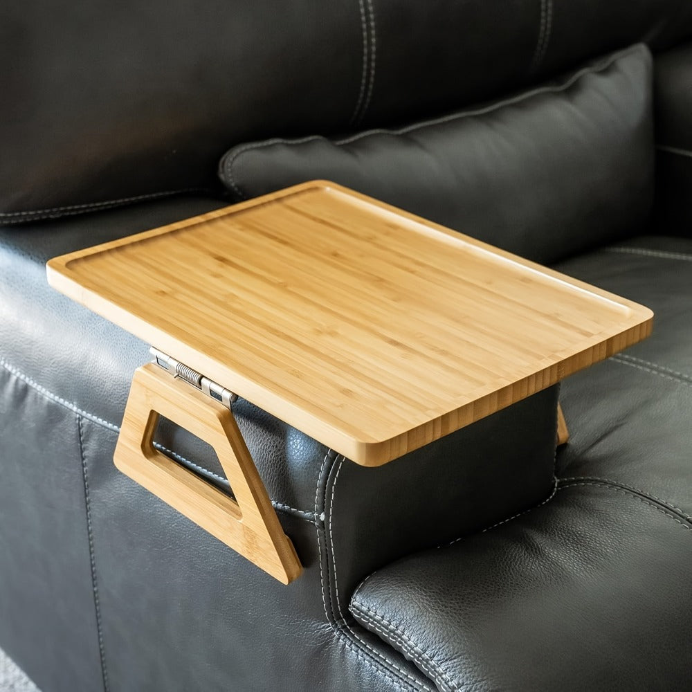 Bamboo Sofa Arm Tray with Folding Legs ¨C Clip-On Couch Armrest Table for Snacks Drinks Remote Control Living Room Bedroom Breakfast Tray Natural Rectangular