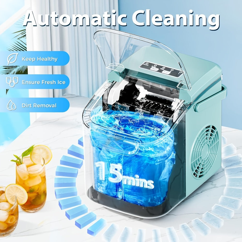 Countertop Ice Maker 26.5 Lbs Per Day - 9 Ice Cubes Ready in 6 Minutes, Portable Ice Machine with Self-Cleaning, 2 Ice Sizes S/L, Compact Ice Maker for Home Kitchen Office Bar RV - Green