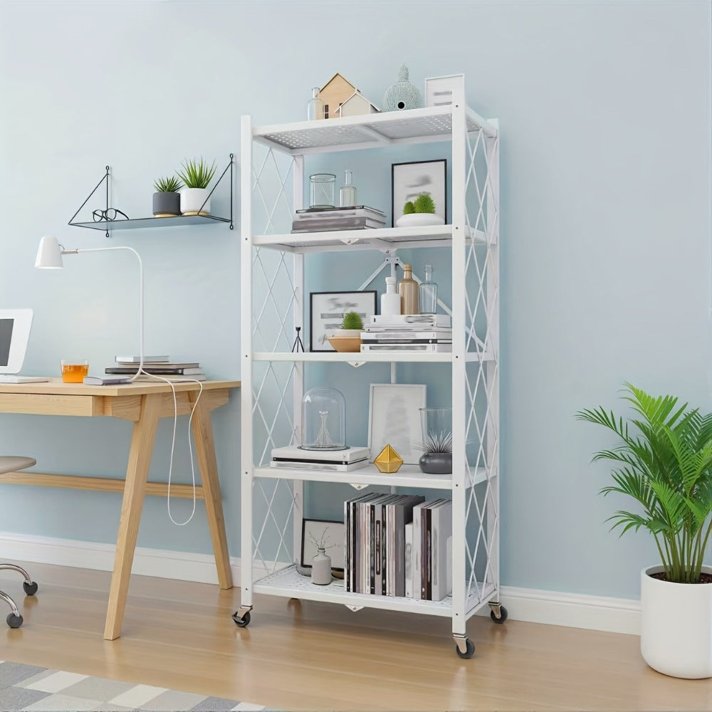 Foldable Storage Rack with Lockable Wheels 3 4 5 Tier Carbon Steel No Assembly Space Saving Floor Standing Shelf for Bedroom Balcony Garden