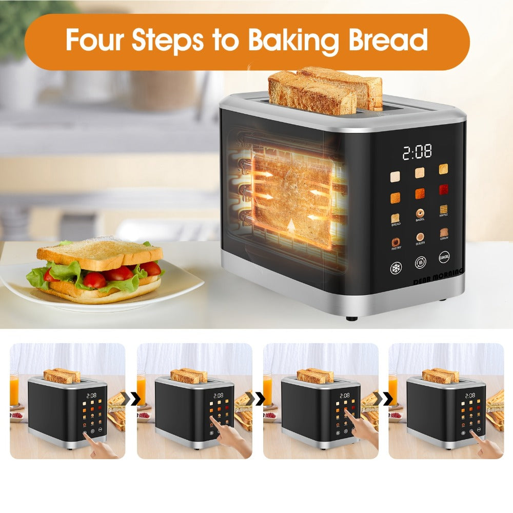 Smart Digital Toaster 2 Slice with Touch Screen LCD Display, 6 Bread Types & 6 Shade Settings, Extra Wide Slots, Stainless Steel ¨C Bagel, Cancel & Defrost Functions for Modern Kitchen